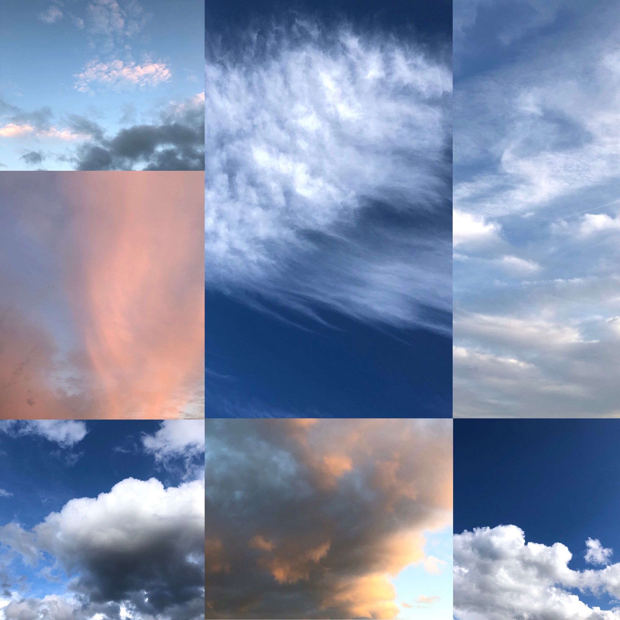 Composite photo of seven different cloud photos, one taken each day this week at different times of day.
A cloud diary.