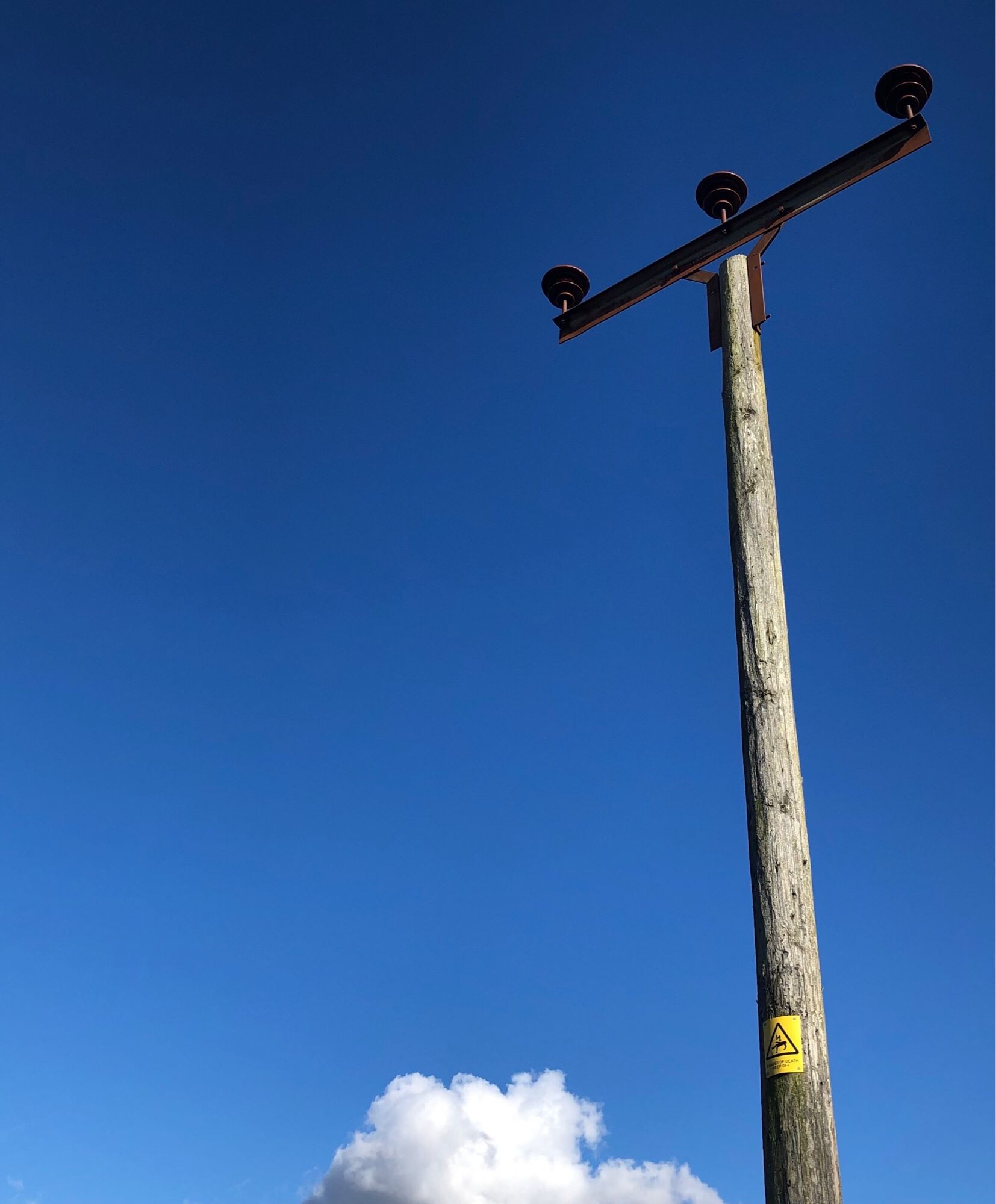 Looking up at a telegraph pole without any wires with a single very low cloud & bright blue sky.