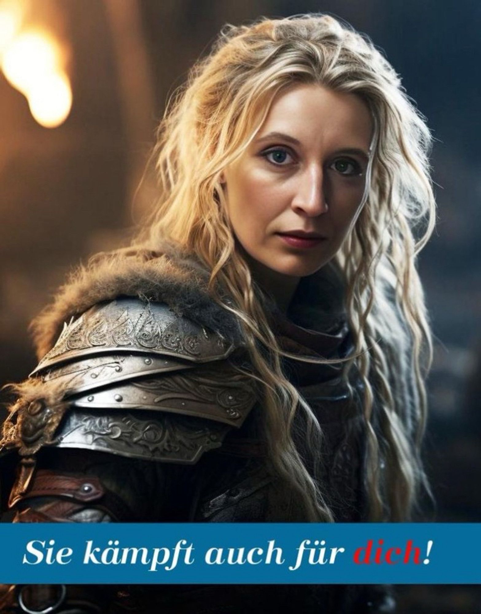 Werbeplakat für die AfD. Zu sehen ist A. Weidel im Wikingerkostüm in der Machart von Game of Thrones, darunter der Spruch: sie kämpft auch für dich.