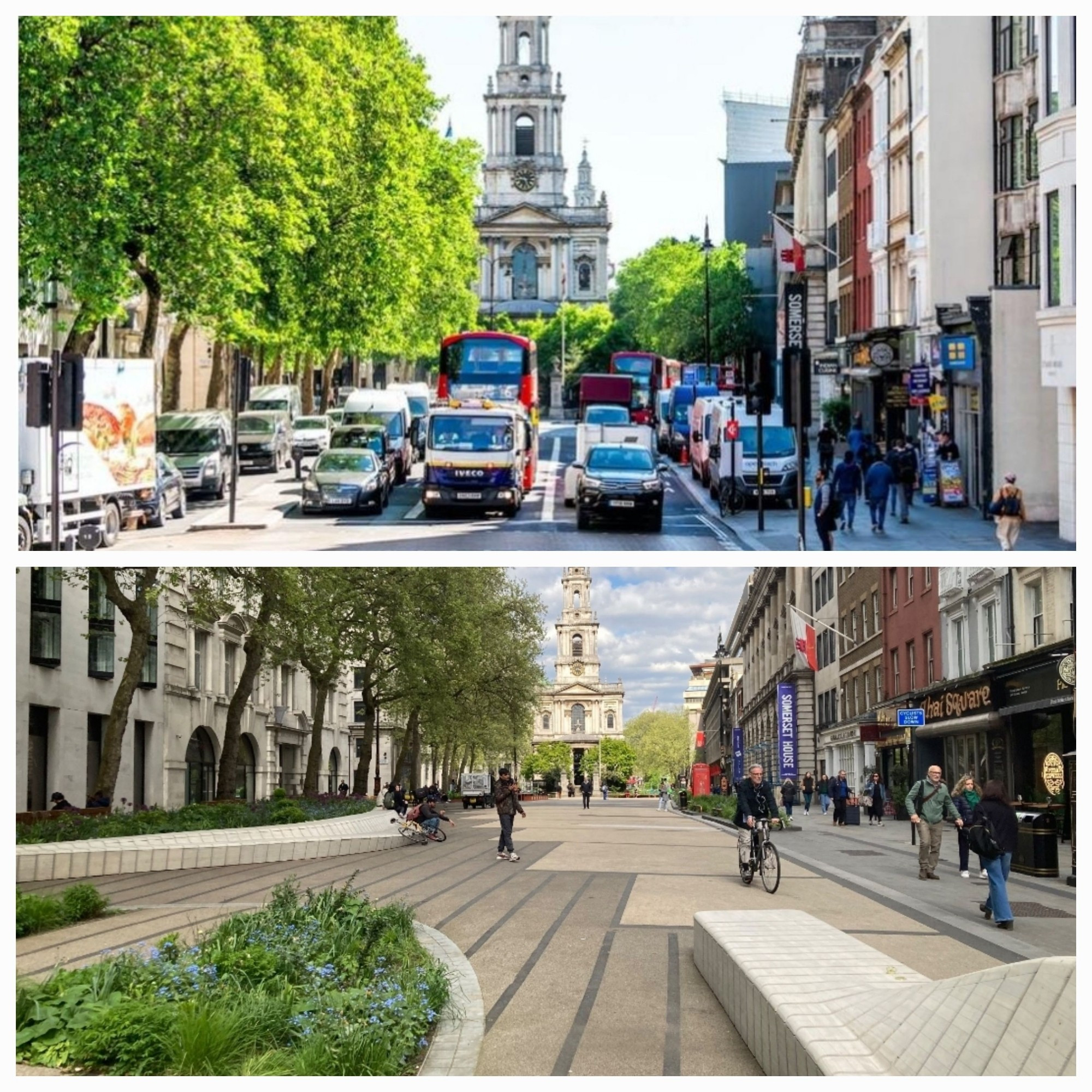 A split image showing before and after the transformation of 'The Strand' in London. The top half depicts a heavily traffic congested multi-lane road. Vehicles are parked along both sides and pedestrians are squashed to the periphery on a narrow, cluttered stretch of pavement. The bottom half of the image shows a completely pedestrianised area with raised flower beds, the mature trees are now visible and people are milling about without impediment.