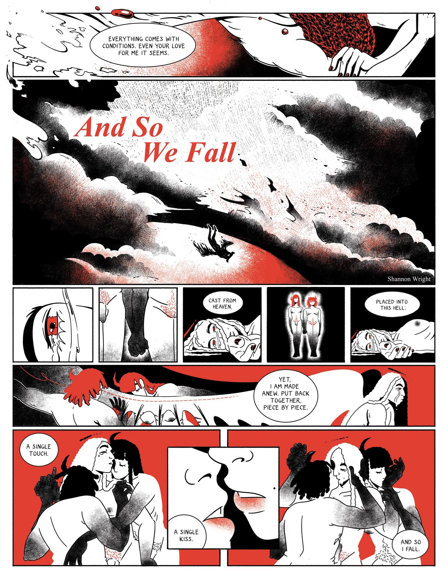 One page comic of a queer angel falling from heaven and being cast to hell, only to be put back together and loved by trans devils.