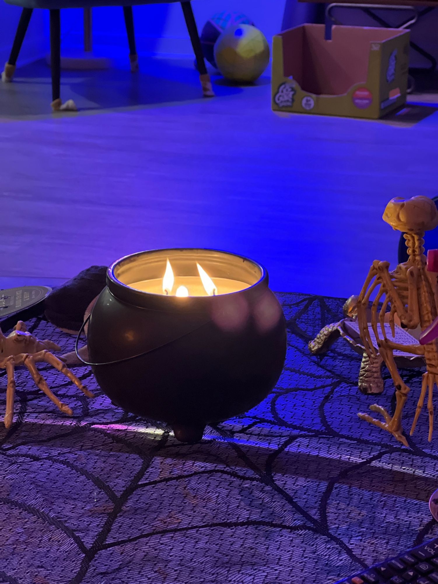 My caldron candle on rope of my black cobweb table mat with inaccurate creature skeletons beside it