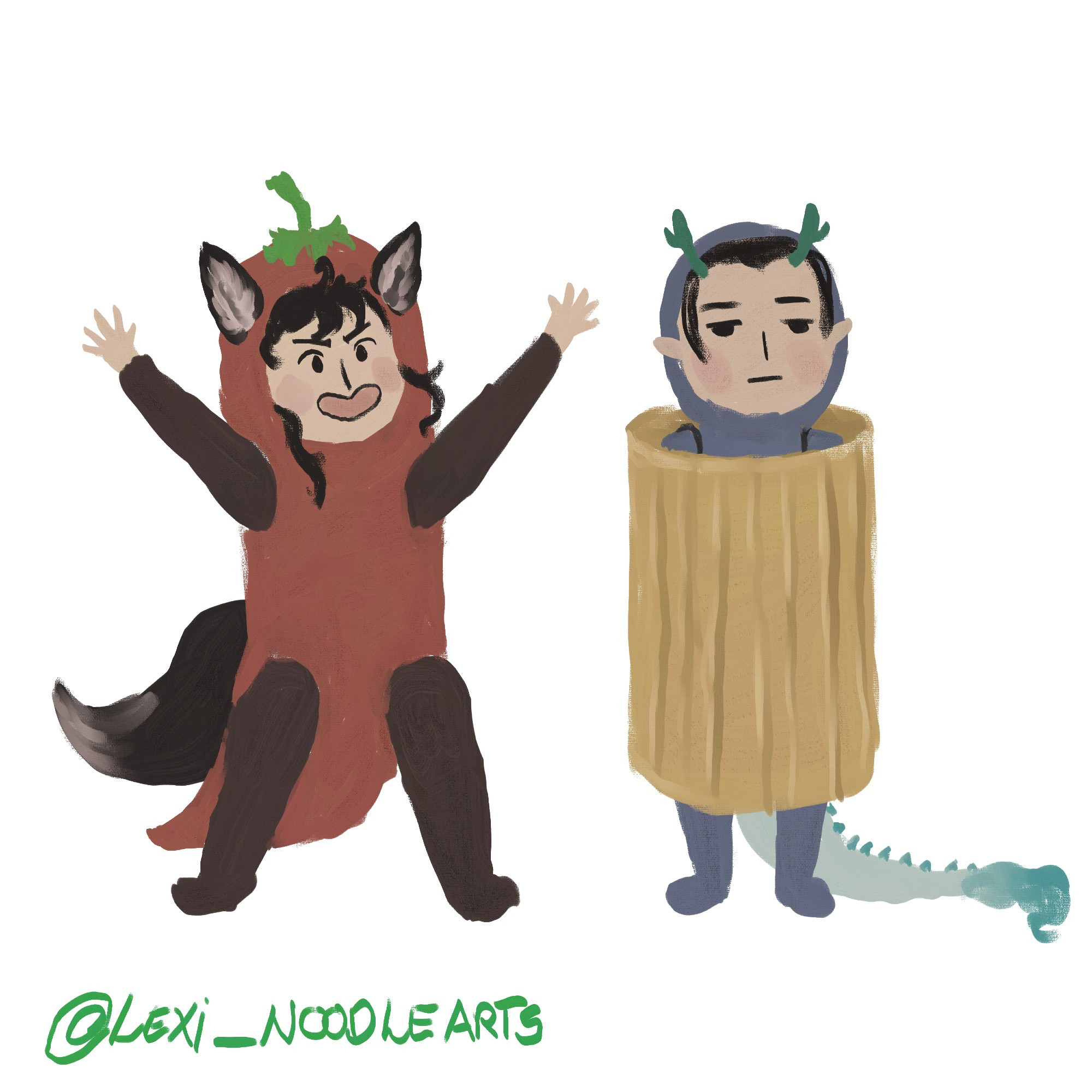 Digital drawing of two little boys facing the viewer in front of a blanc background. The one on the left has got black fox ears and a tail and is wearing a chili pepper costume on top of a dark brown full body suit.  The one on the right, with dragon horns and a tail, is wearing a full body suit in blue and a giant rigatoni pasta costume over it.