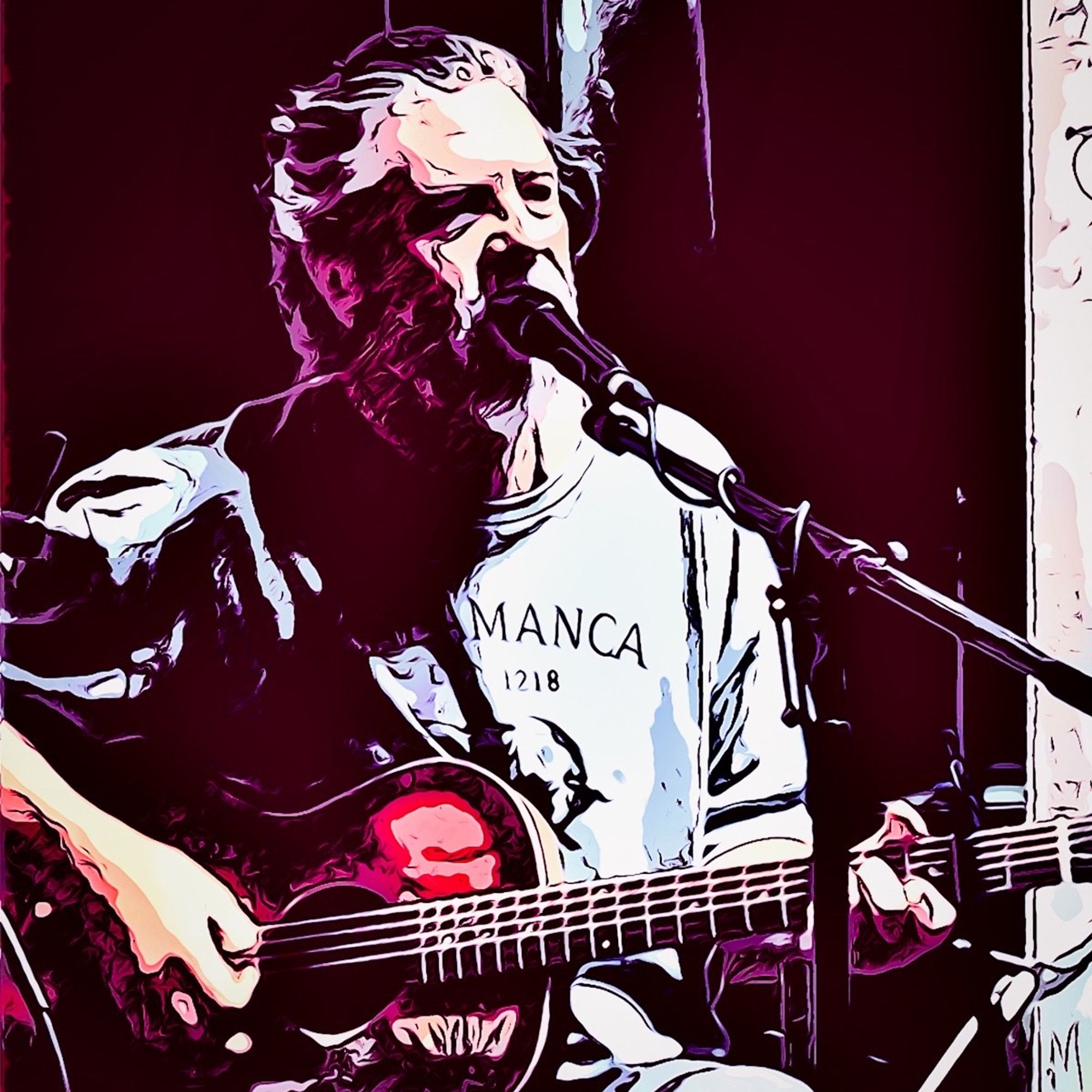 Enhanced photo of Walt Wilkins singing and playing his guitar at the Continental Gallery. 