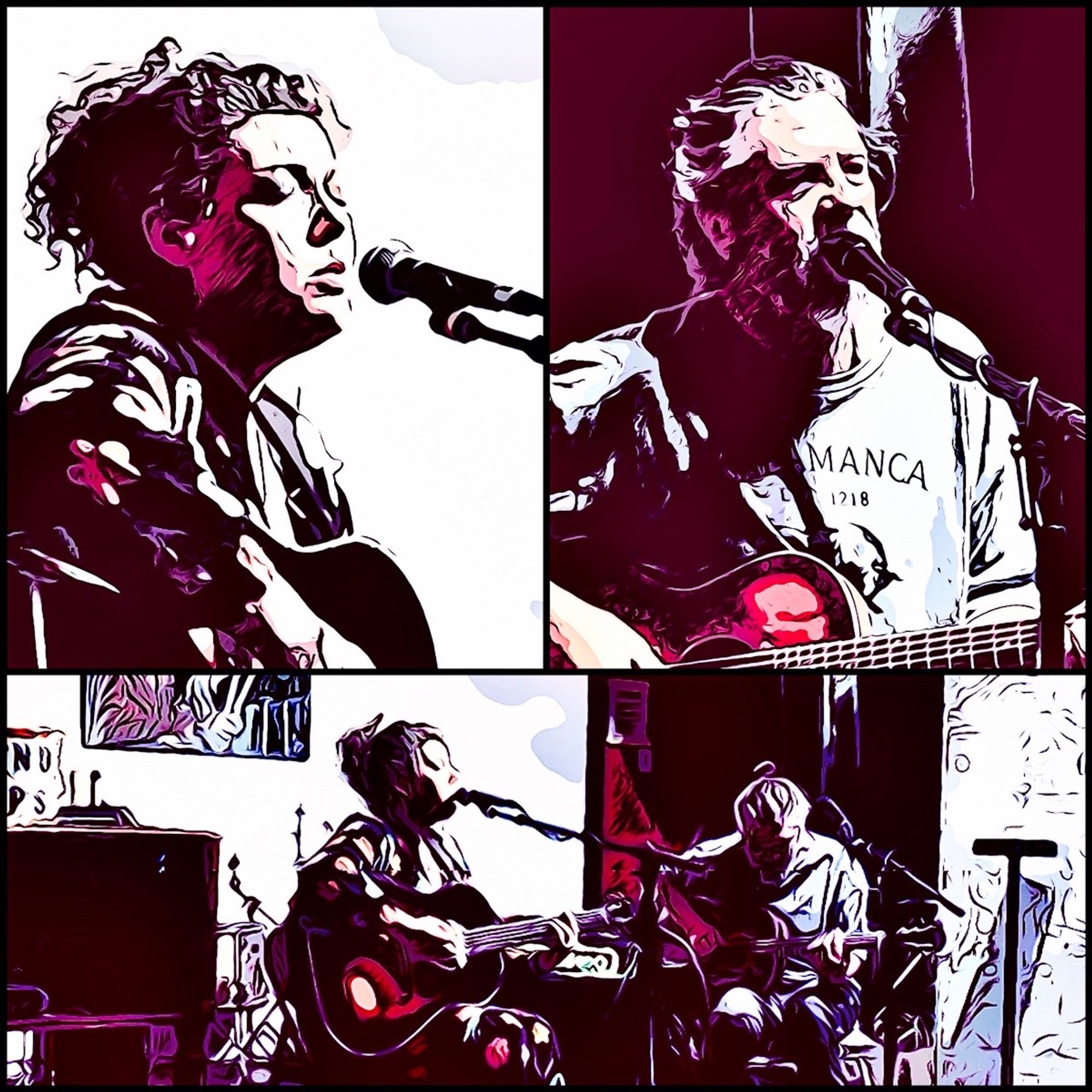 Collage. Enhanced photos of Bonnie Whitmore and Walt Wilkins singing and playing their guitars at the Continental Gallery. 