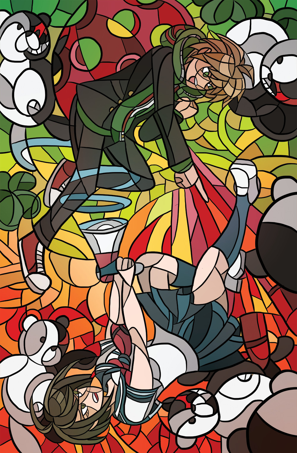 Mosaic stained glass style illustration of Makoto Naegi and Komaru Naegi, pointing across with monokumas and their weapons of choice.