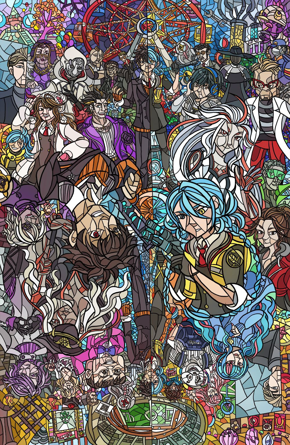 A stained glass mosaic style illustration of the cast of AI the Somnium Files: nirvanA Initiative. It's reversible.