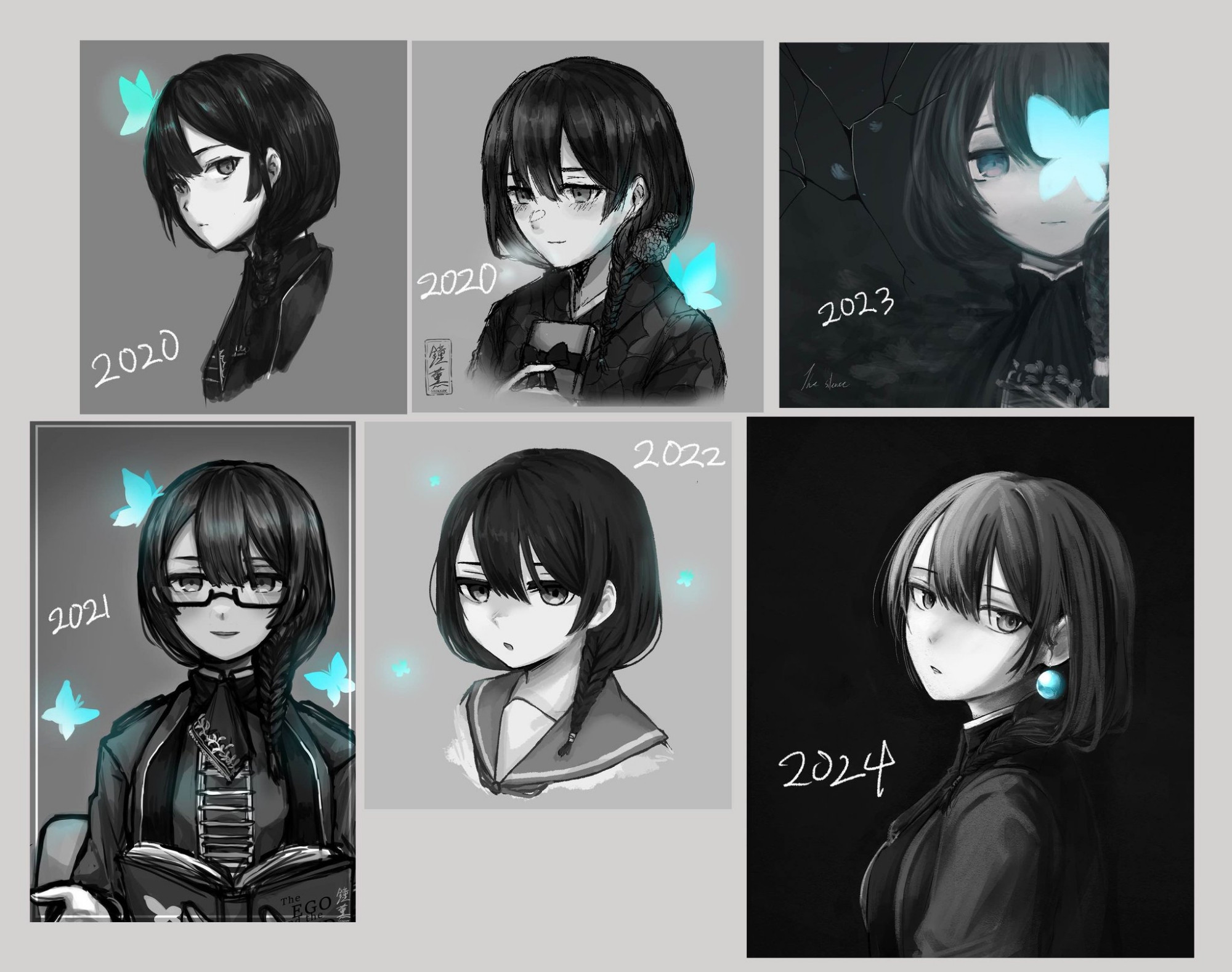 A picture featuring fan arts of "ES" from "ALTER EGO" drawn from 2020 up to 2024