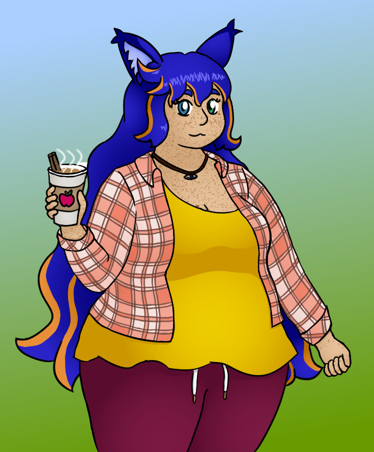 My sona Star in her lynx girl form, wearing an open pink plaid shirt over an asymmetrical yellow dress top and dark red sweatpants, and holding a cup of hot apple cider.