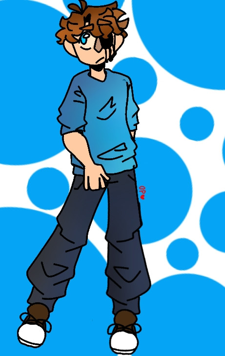 Older Cartoon-styled drawing of a young boy with brown hair and saturated tan skin. His right eye is blue and open wide, while his left is pure black with black running down his cheek. He stands against a bright blue and white background.