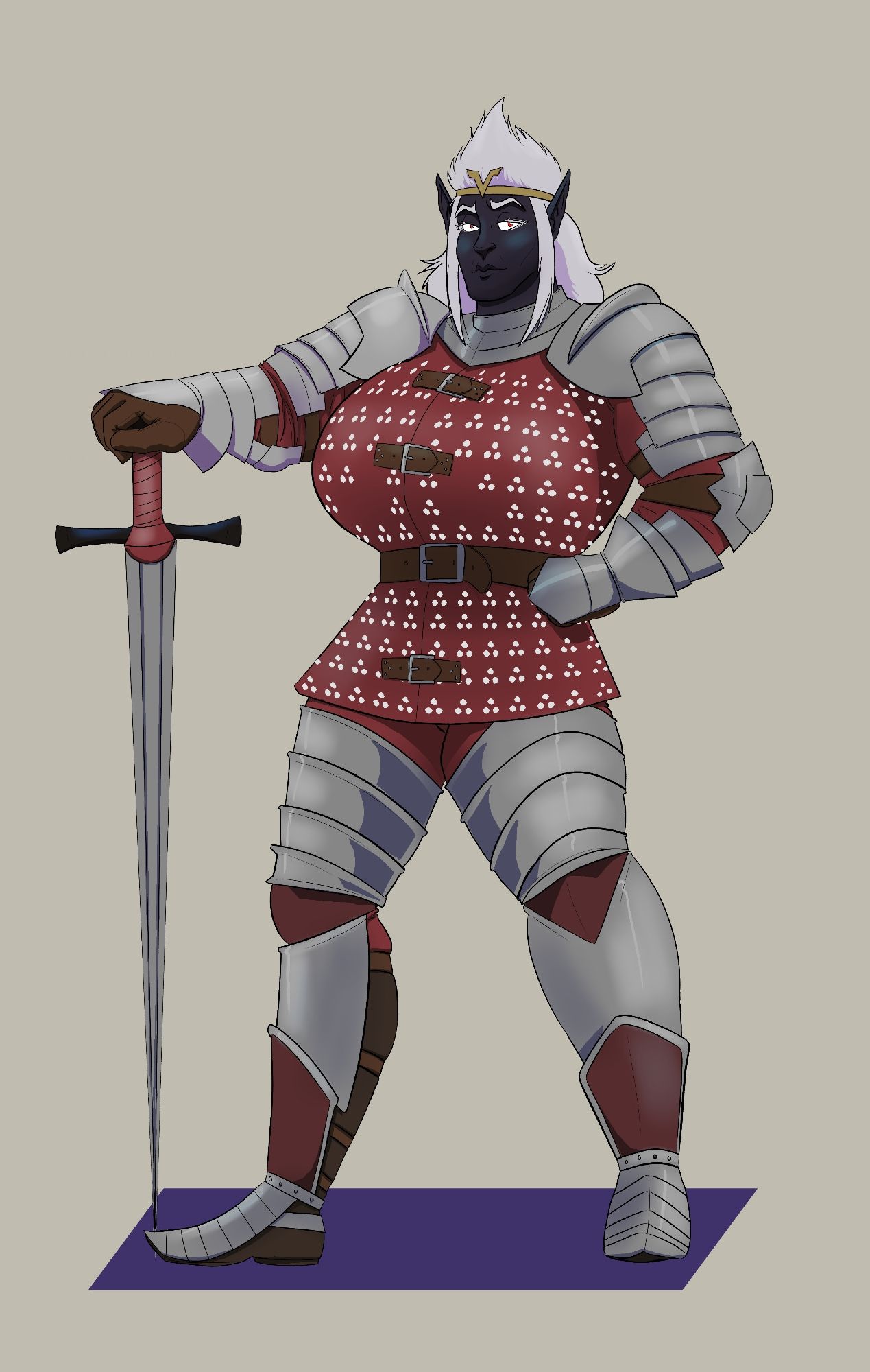 Dame Elkantar Rostorgh in her Platemail armor and with Bastard Sword in hand