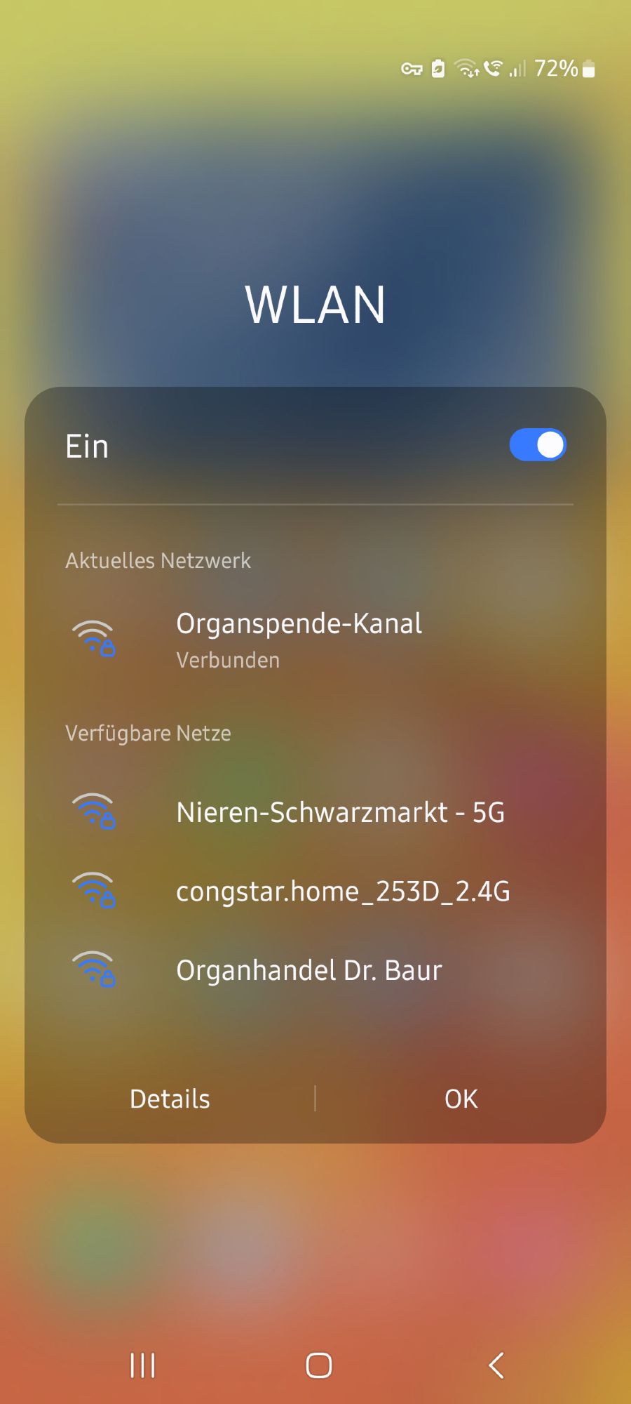 Screenshot verfügbarer WLANs in der Nähe. Diese heißen "Organspende-Kanal", "Nieren-Schwarzmarkt" und "Organhandel Dr. Baur"