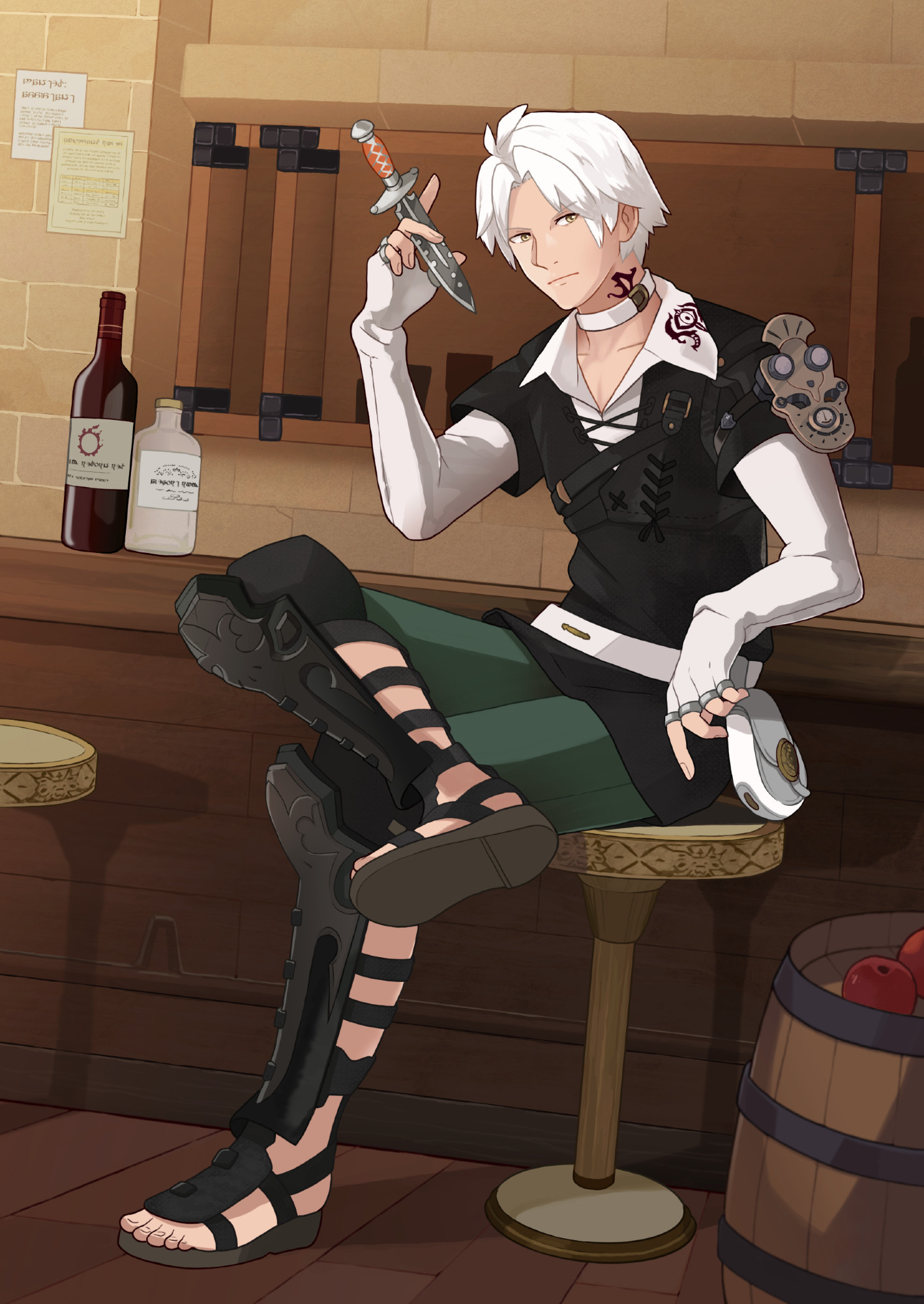 Thancred Waters from FFXIV sitting at a bar, twirling a dagger between his fingers. He has crossed legs and is in a casual pose.