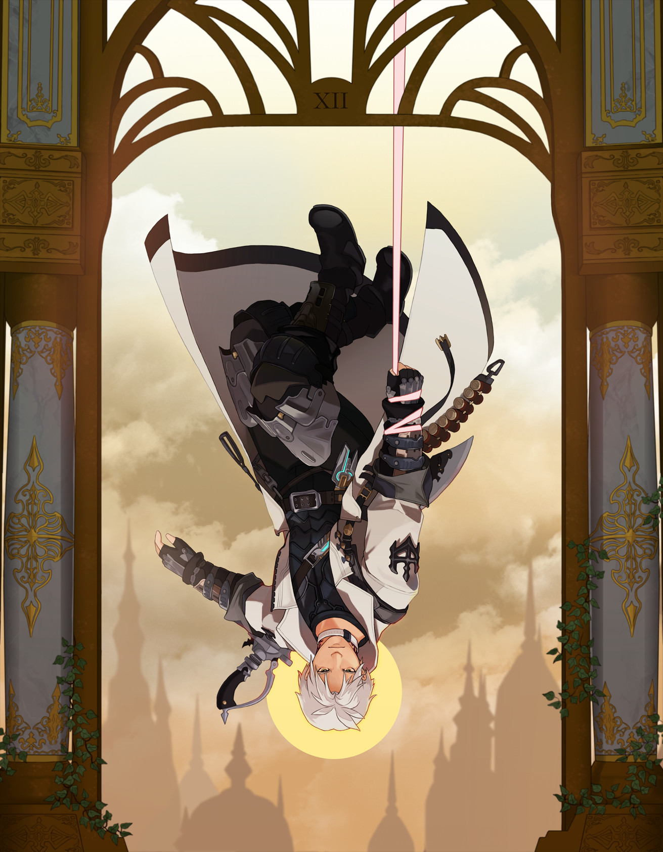 Thancred Waters from FFXIV hanging upside-down in Eulmore, holding onto a pink ribbon. The image represents the tarot card The Hanged Man.