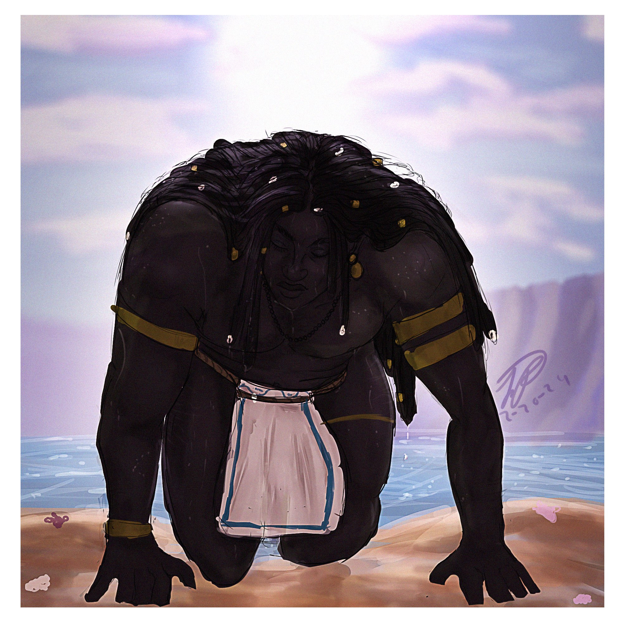 This image of Siwa, the dark skinned demi-spirit (a claimed God by people) as he is kneeled on the ground crawling out of water onto sand. His is a large man with a large chest, a undefined belly (no abs really), large thighs and large muscular arms. His waist is curved slightly enhancing his legs. His dreadlocs fall down around his body like a wet cape. He looks down at the ground in exhaustion as he just was summoned by a strange woman. He wears a small loin cloth decorated with a beautiful blue trim. 