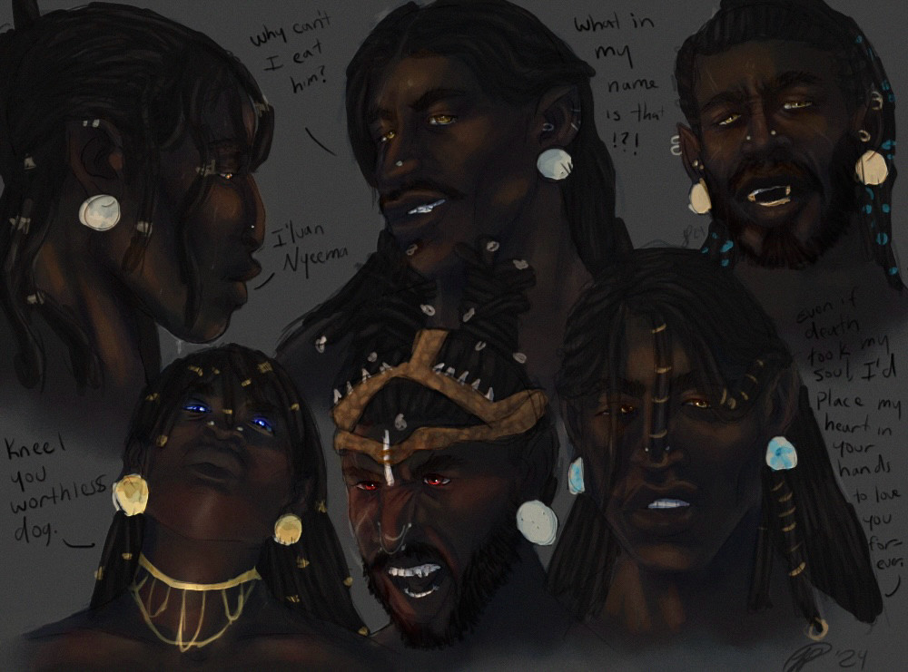 This is an image of Siwa, a dark skined man with dreadlocs or locs showing various expressions. The first one is of him talking to his lover. His expression is soft, calm and adoring. The second expression is one where hes being cocky and joking asking why can he not eat someone. The third image is of him looking confused and shocked at a odd thing he witnessed. The fourth image is him with his head tilted back as he looks down on someone demanding that they kneel to him. The fifth image is Siwa with his lips peeled back in a snarl with an expression of anger. The sixth image is siwa once again with a soft expression but with his eyes filled more with love as he declared his eternal love to his wife, Nyeema.