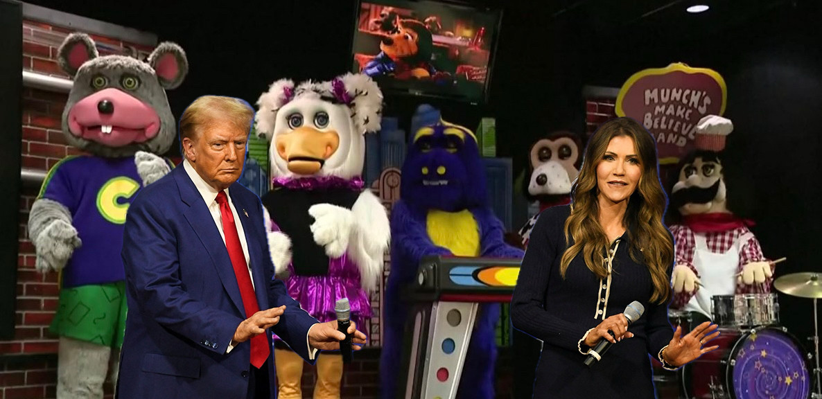 Trump and Noem play with the Chuck E Cheese band