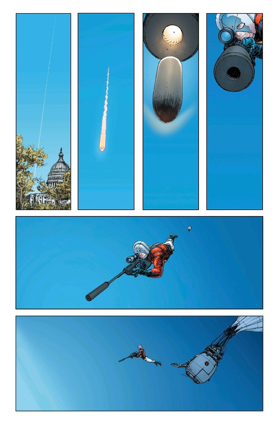 Peacemaker falls from the sky to take the shot