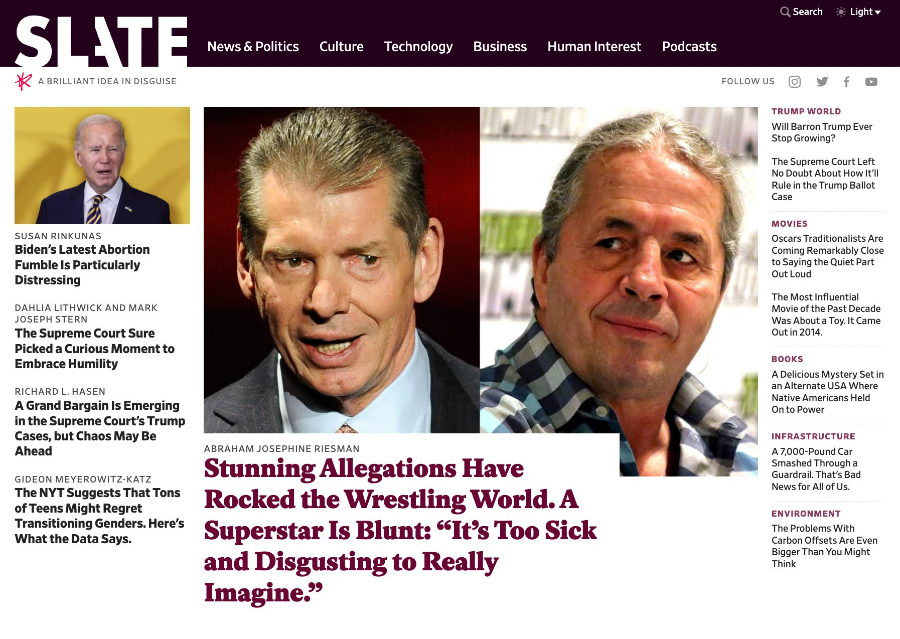 Slate.com homepage, with my Vince McMahon / Bret Hart story as the top story