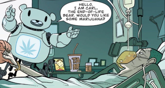 Carl, the End-of-Life Bear offering a patient some marijuana