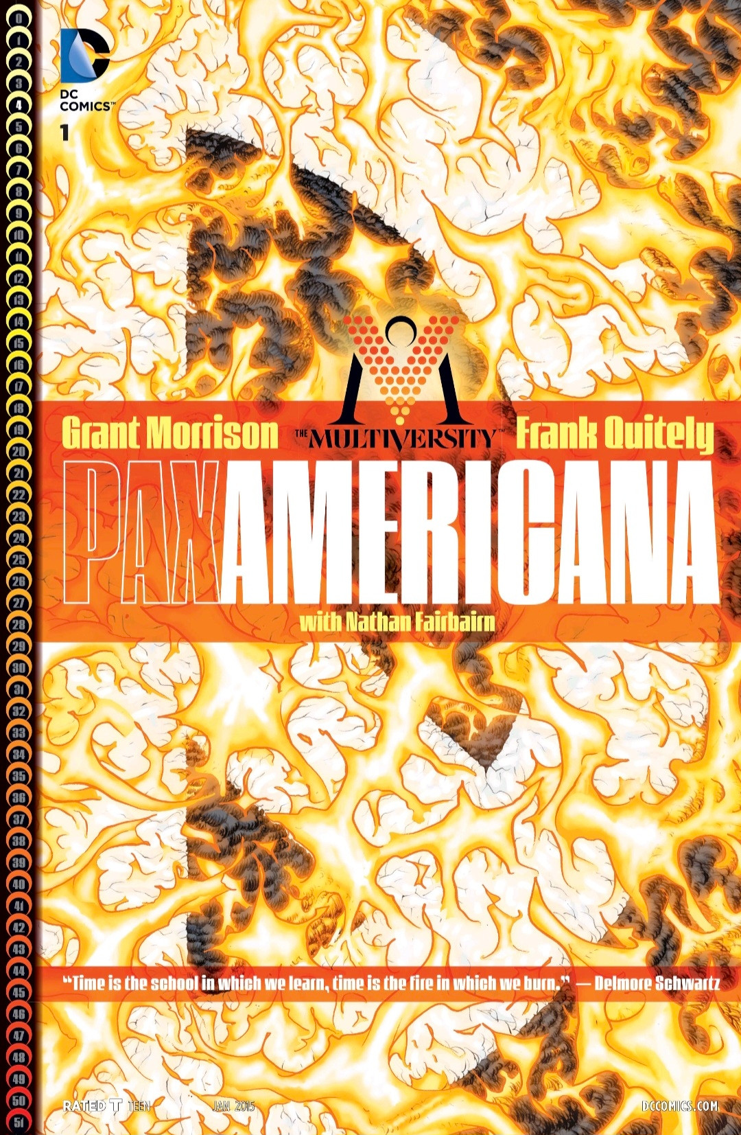 Cover, with half of a peace sign in flames