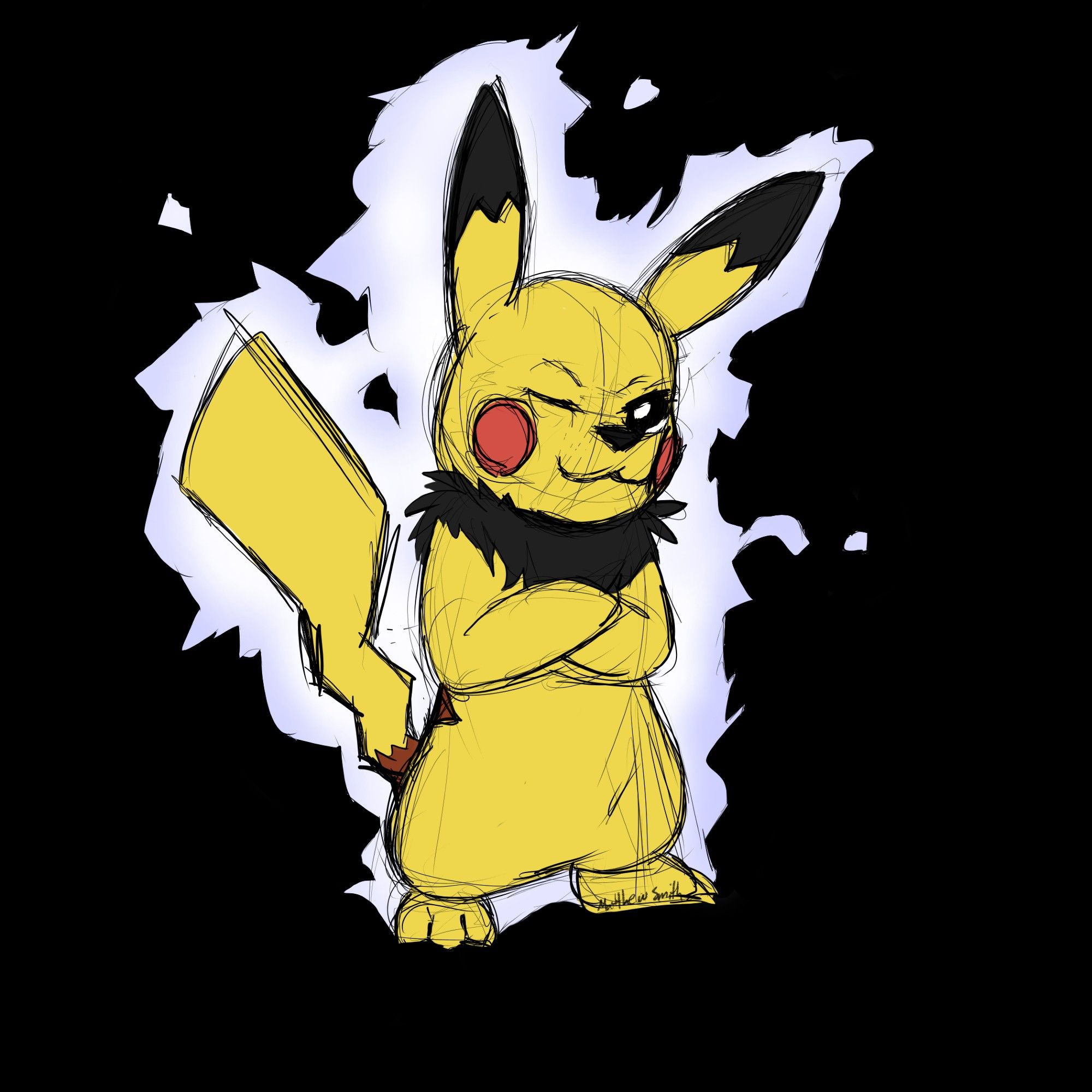 A colored sketch of a Pikachu from Pokemon, with it's arms foldered, one eye closed, and extra black fluff around it's neck.
An aura of electricity surrounds the Pikachu.