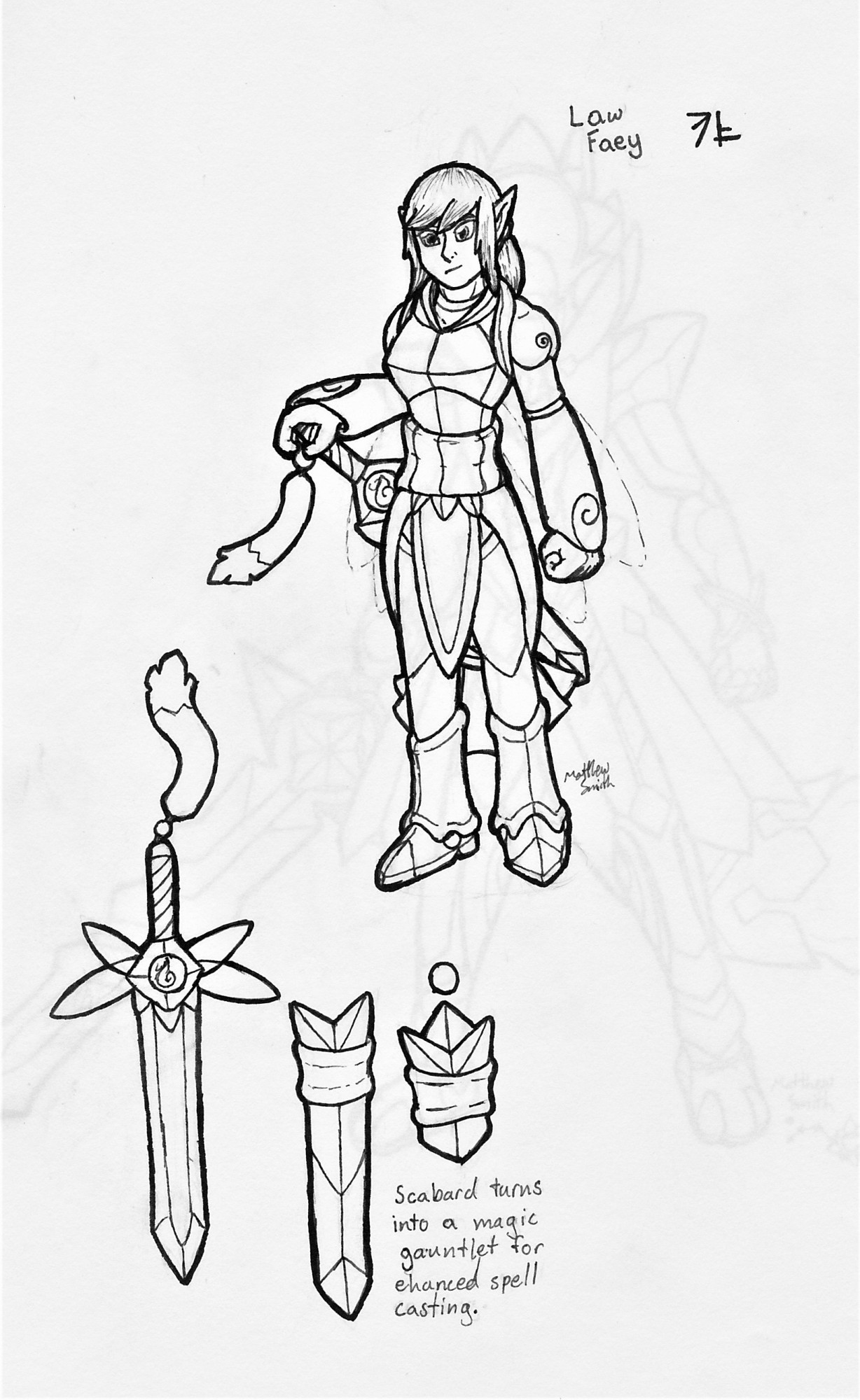 A simple lineart ref sheet of an armored elven knight and his sword.