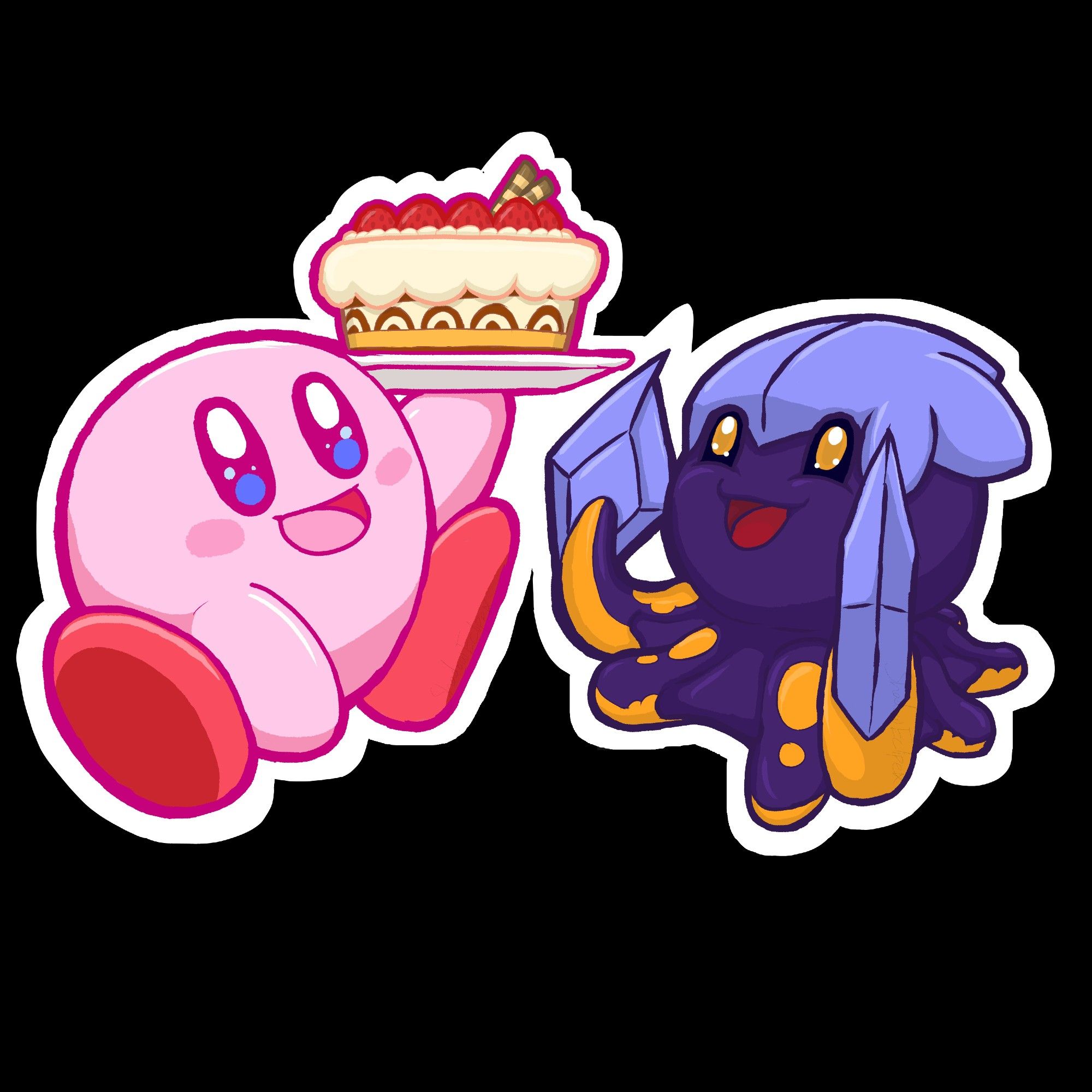 Kirby holding a strawberry cake next to my oc Aprio, a purple squid creature with a light blue crown-like and claw-like features and orange spots and underbelly.