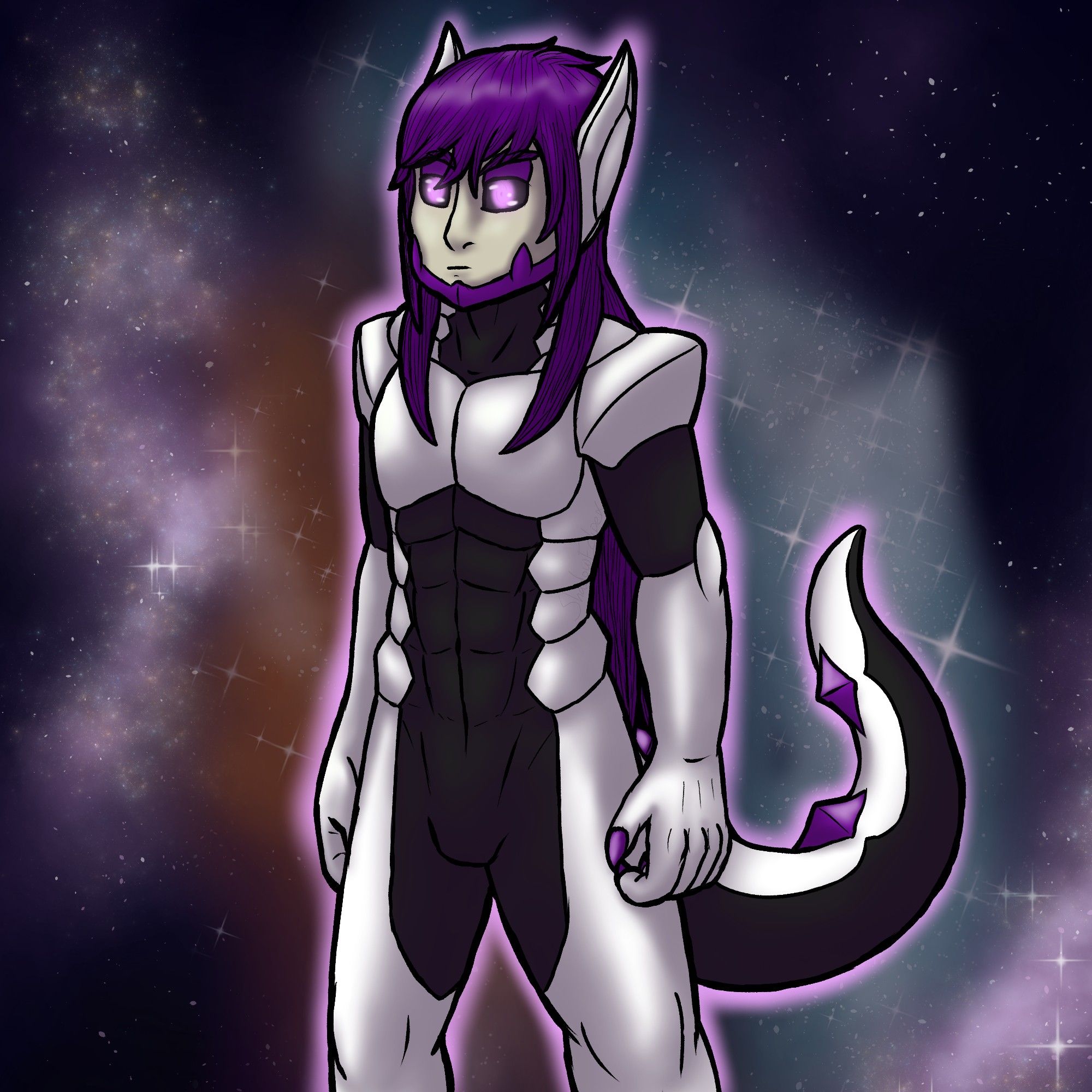 A half-dragon-half-human with long purple hair, and a black and white body with a more human looking face.