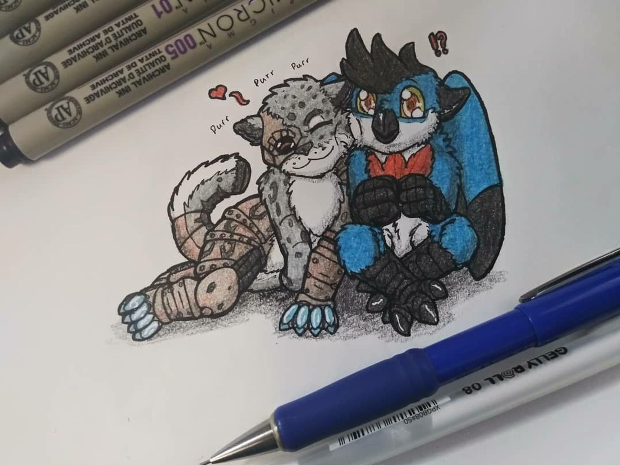 A traditional drawing of a cyborg snow leopard rubbing cheeks with a 
blue gryphon.

With Pens and a mechanical pencil used as a sort of framing.