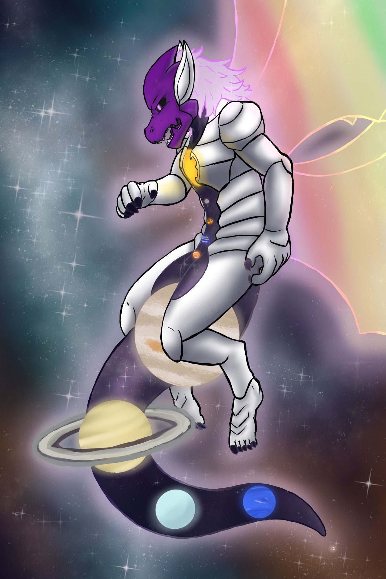 A primarily white dragon in space with a purple face, four glowing-rainbow wings, glowing light purple hair, and an imitation of the Solar System running down his chest, stomach and tail.