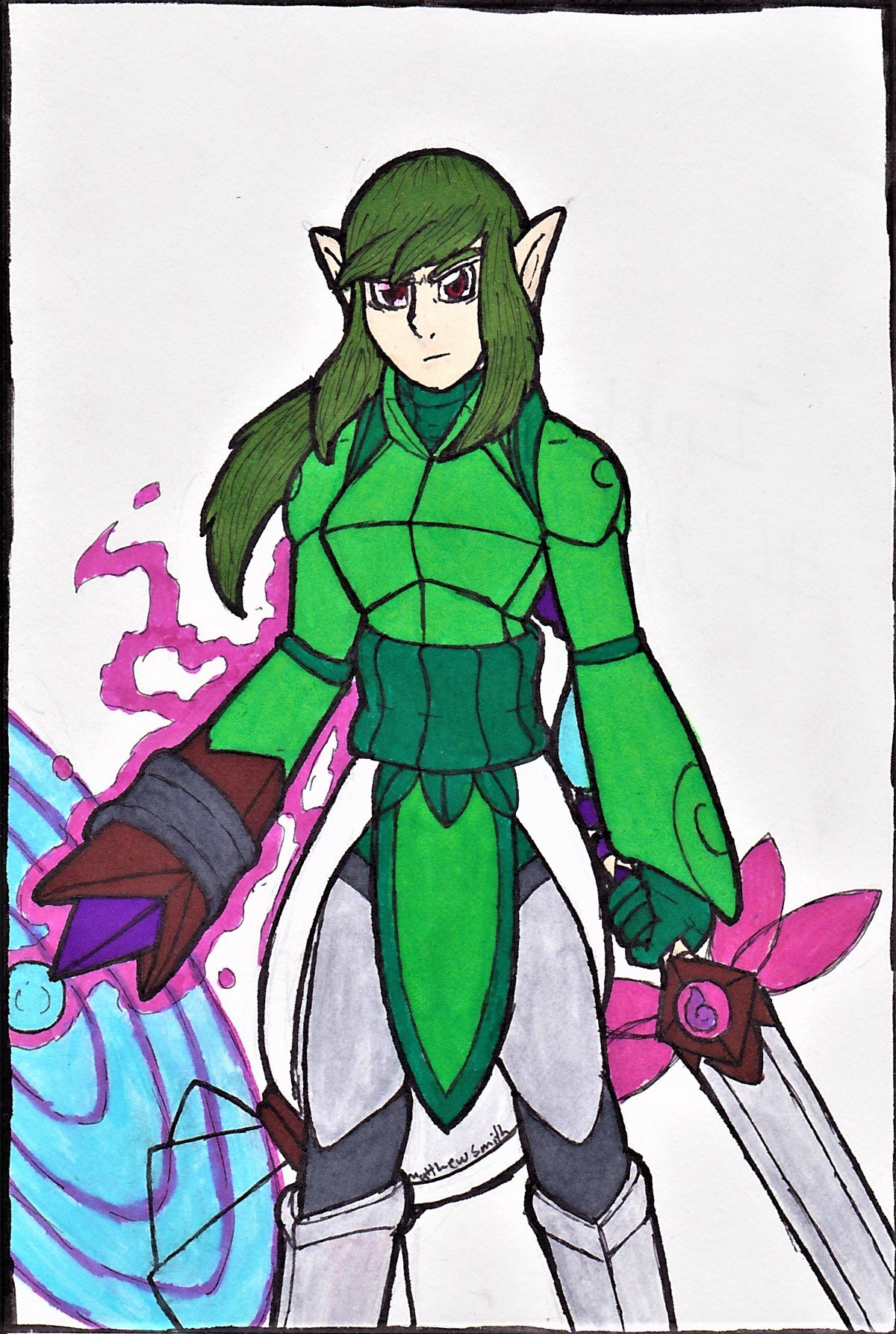 A green haired elf waring green armor weilding a sword in his left and and wearing a magical gauntlet on his right hand.