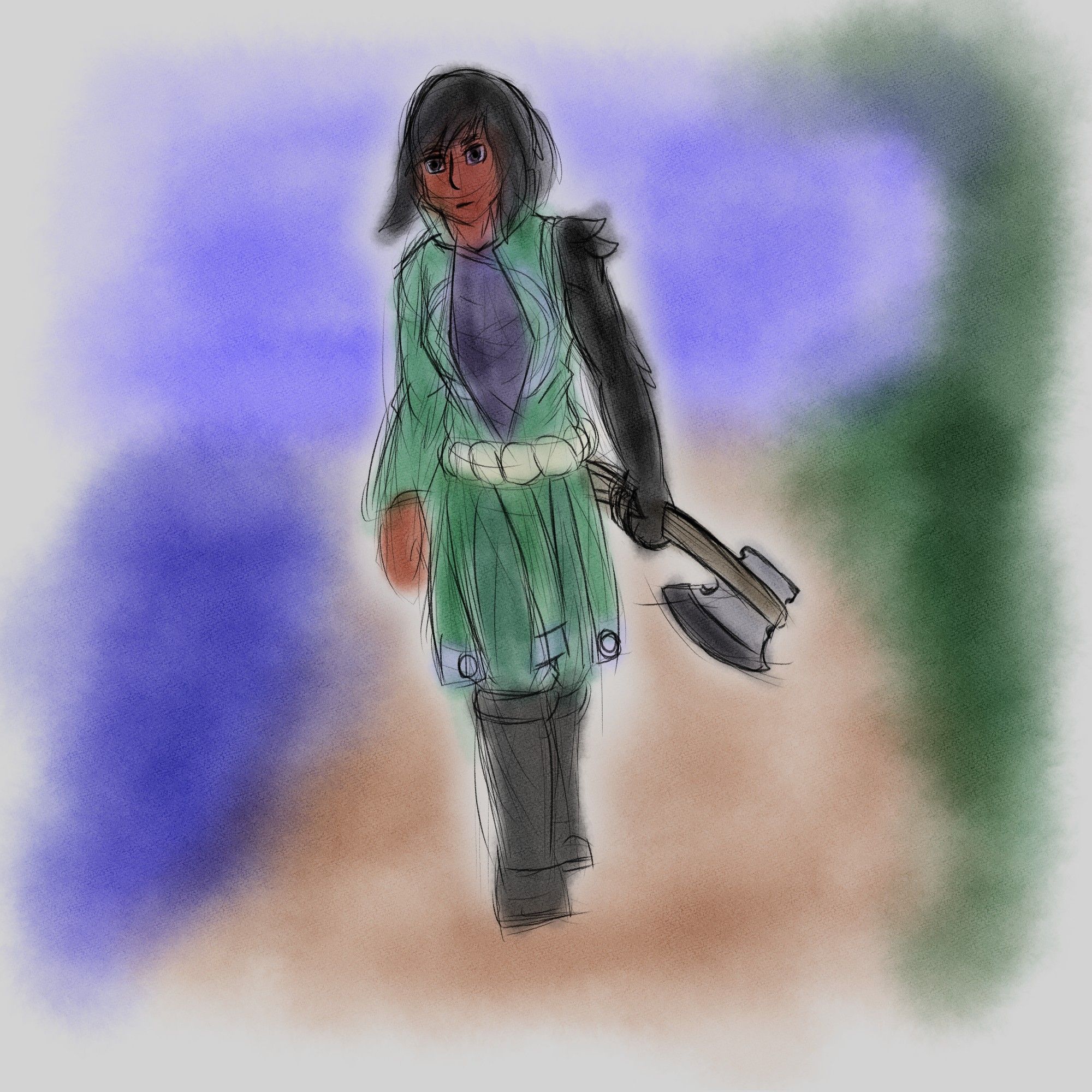 A digital watercolor of an axe-weilding, dark-skinned elf with a black, draconic arm, weilding an axe in his left hand.