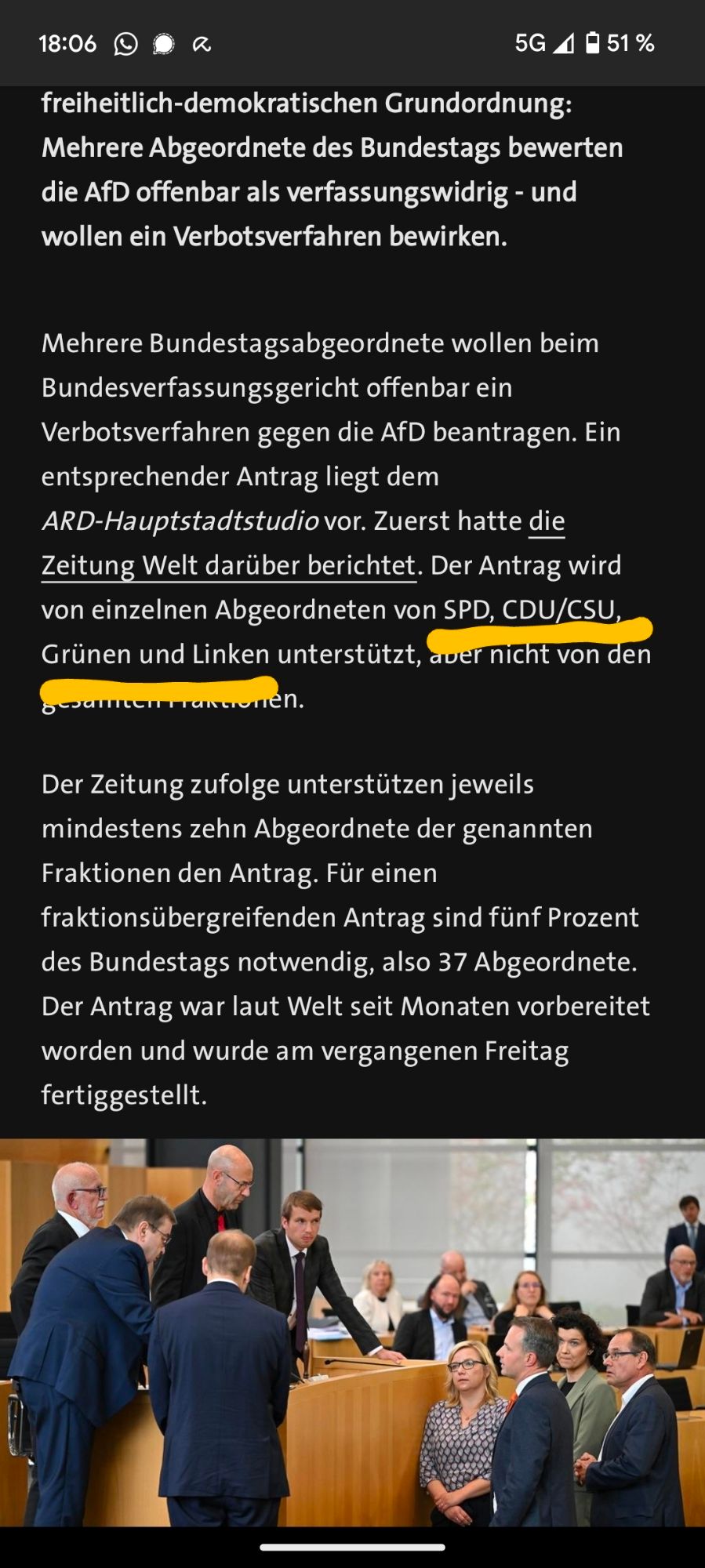 Screenshot Tagesschau-Artikel über AfD-Verbotsantrag, wo es u.a. heißt: Der Antrag wird von einzelnen Abgeordneten bin SPD, CDU/CSU, Grünen und Linken unterstützt.