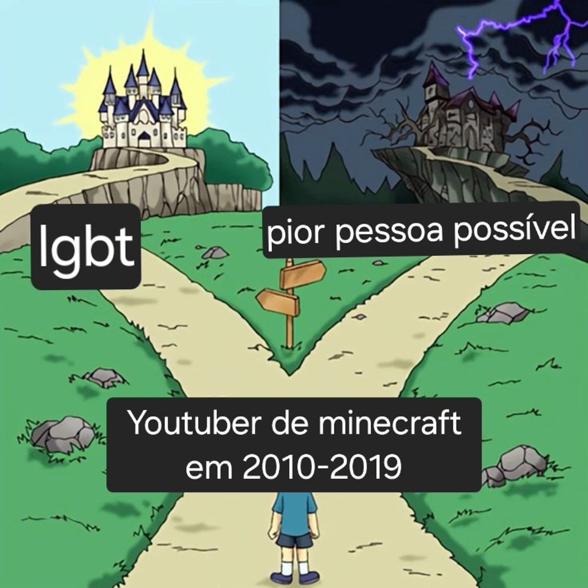 a imagem tem um texto na parte inferior, dizendo "youtuber de minecraft em 2010 até 2019", o fundo tem duas direções, com uma levando pata um castelo brilhoso escrito "lgbt" e a outra levando para um castelo no meio de uma tempestade, escrito "pior pessoa possível"