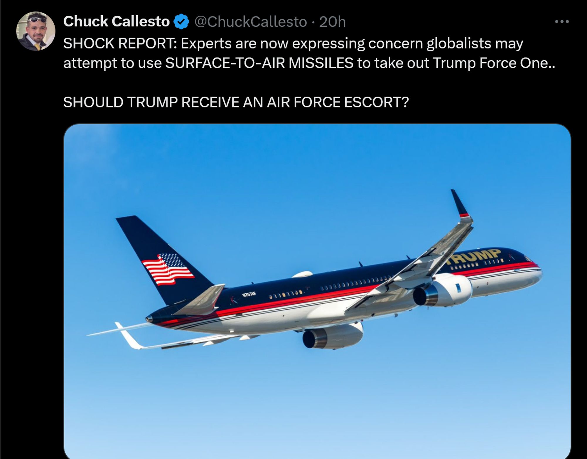 GOP influencer's latest crazy conspiracy theory; "Experts are now expressing concern globalists may attempt to use SURFACE-TO-AIR MISSILES to take out Trump Force One.."