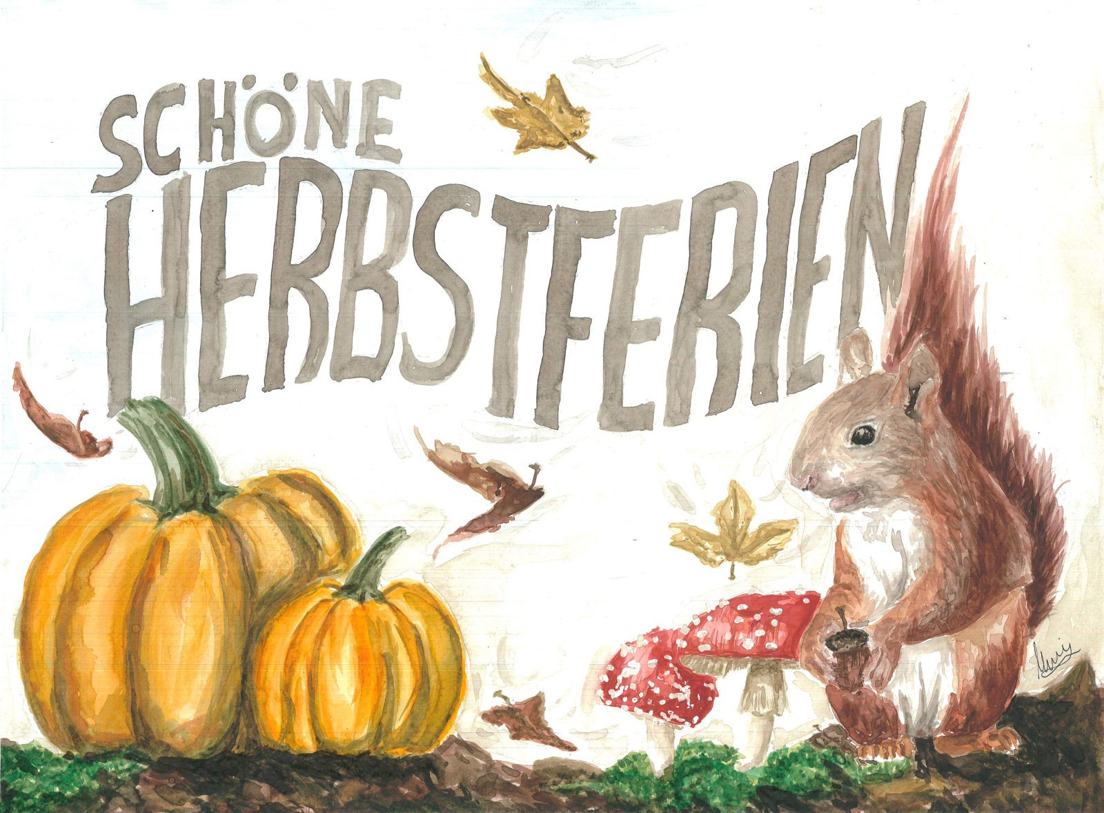 falling leaves, a bigger and a smaller pumpkin, two mushrooms and a squirrel, all wishing you "Beautiful autumn holidays" in German