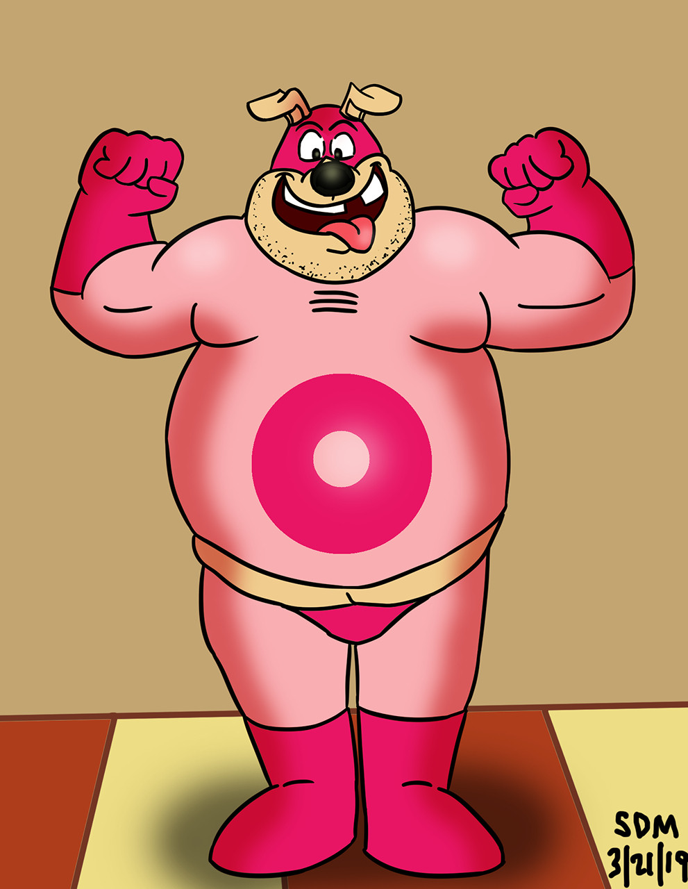 A simple pic of Dough-Mutt.
He is a chubby anthro dog that wears a pink super suit.
He's doing some sort of pose with a silly expression