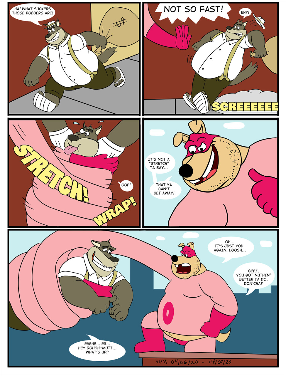 A single comic page in which Dough-Mutt captures a character named Lucius Lupus with an outstretched arm. DM wraps his whole arm around Lucius and picks Lucius up. Dough-Mutt merely expresses exasperation that it's Lucius that he captured again doing wrong.