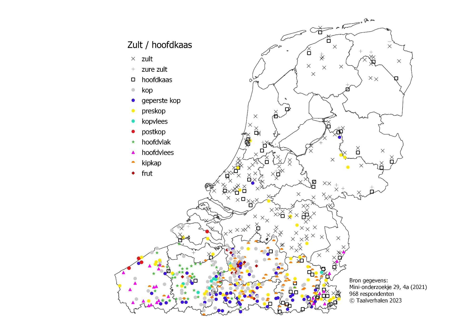 Taalkaart met de benamingen voor zult / hoofdkaas. Op de kaart: zult, zure zult, hoofdkaas, kop, geperste kop, preskop, kopvlees, postkop, hoofdvlak, hoofdvlees, kipkap, frut.