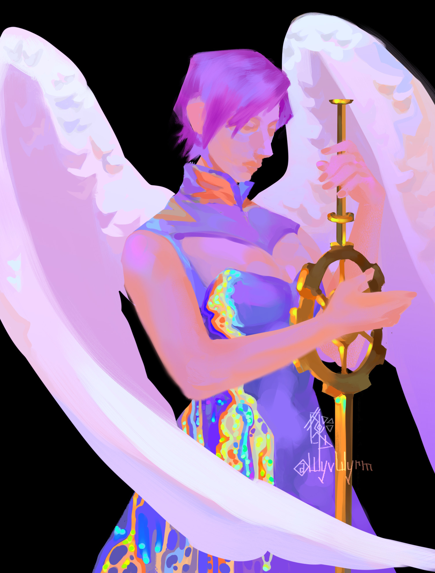 A digital drawing of Yesod in "Everlasting" ego from limbus company standing with a clockwork gear sword in his hands and his wings wrapped around it. On his dress, there are rivulets of vivid colors running down.