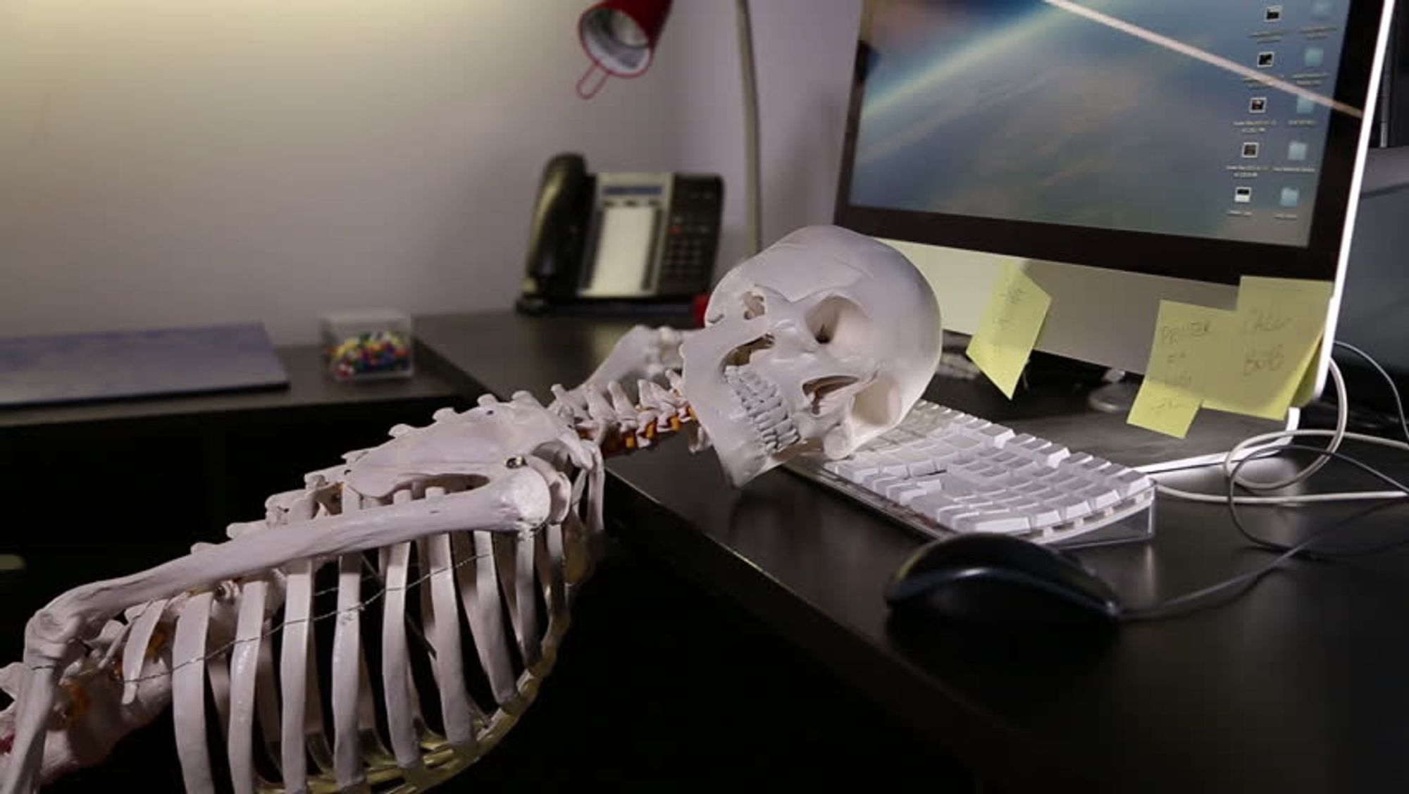 A skeleton collapsed on a desk with their skull on a keyboard