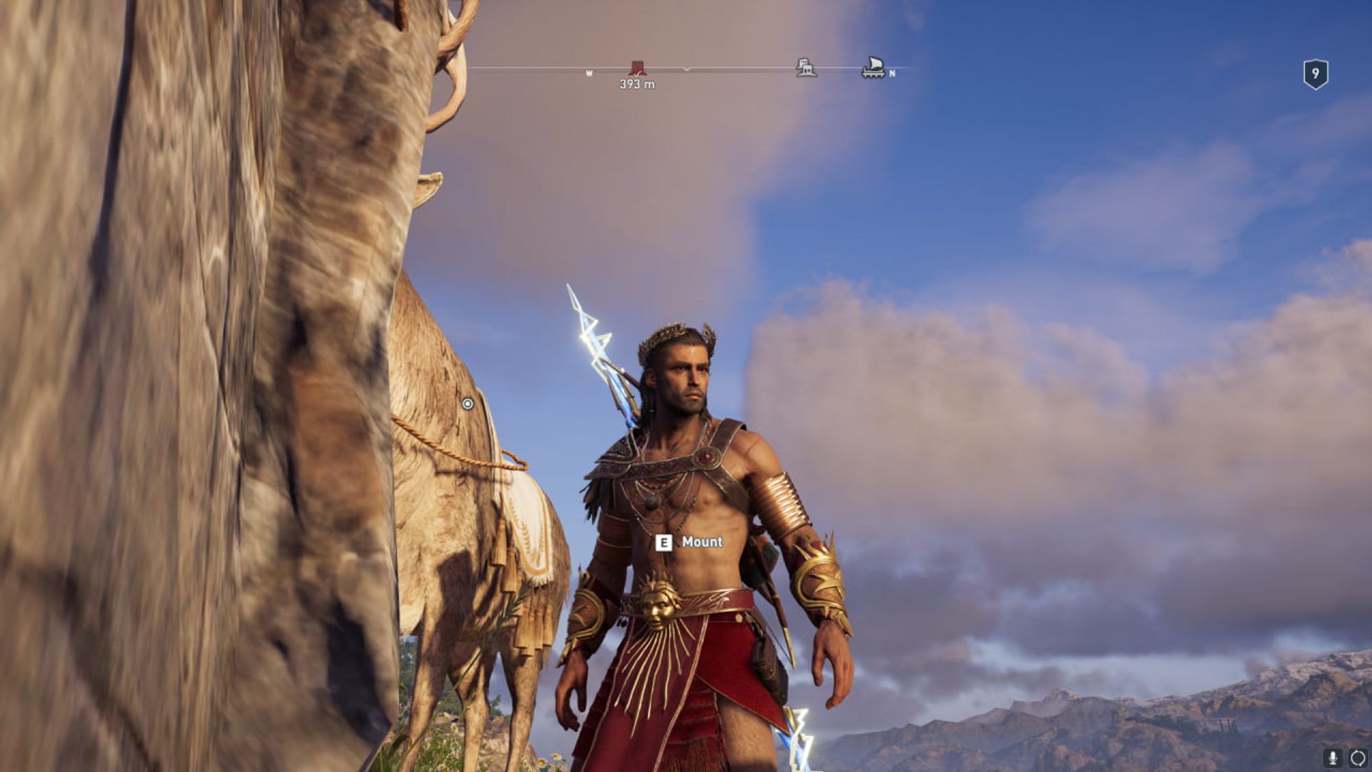 Another AC ODyssey screenshot of Alexios, but this time he is wearing a sun themed armor without a shirt