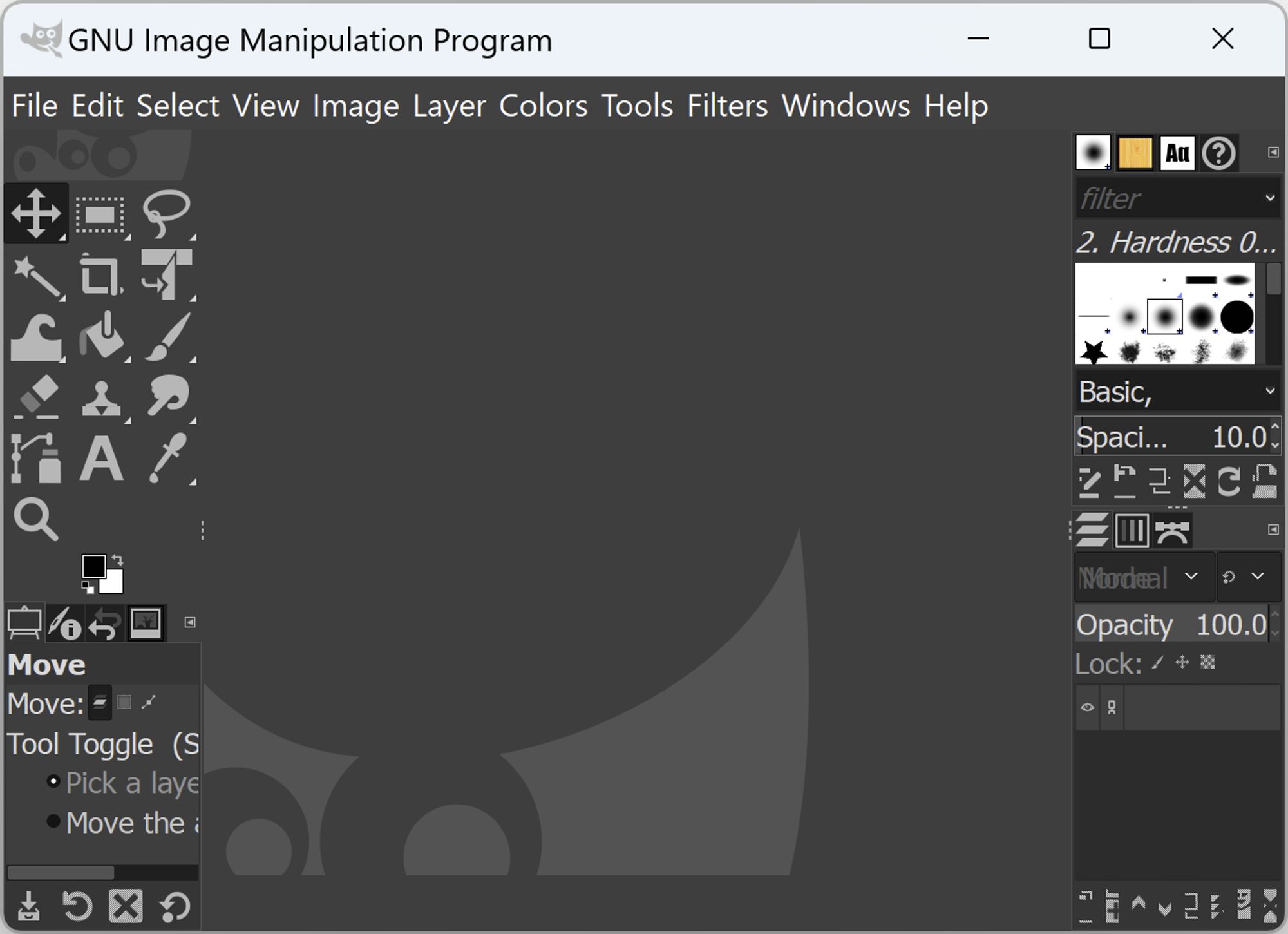 UI screenshot of a "fresh" GIMP install showing the ridiculously tiny icons and the fact that the main toolbar overflows and needs a horizontal toolbar (this problem still exists if you maximize the window).