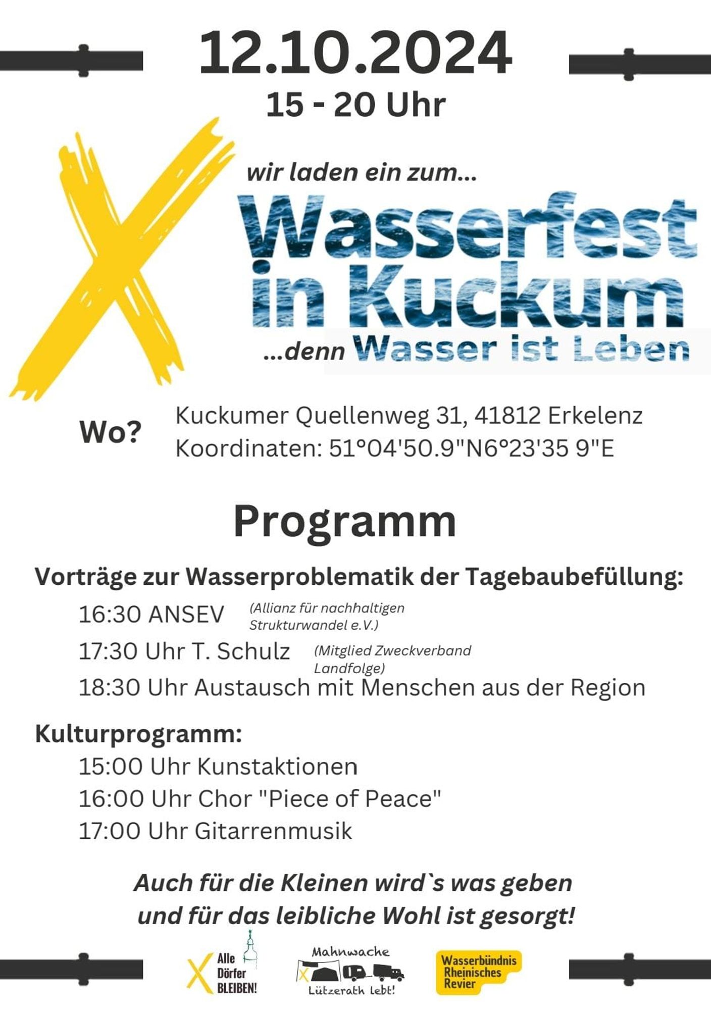 Plakat zum Wasserfest am 12.10.2024 von 15:00 bis 20:00 Uhr am Kuckumer Quellenweg 31, 41812 Erkelenz, Koordinaten:51°04'50.9"N6°23'35 9"E. Es gibt Vorträge, Kulturprogramm, was für die Kleinen und fürs leibliche Wohl.