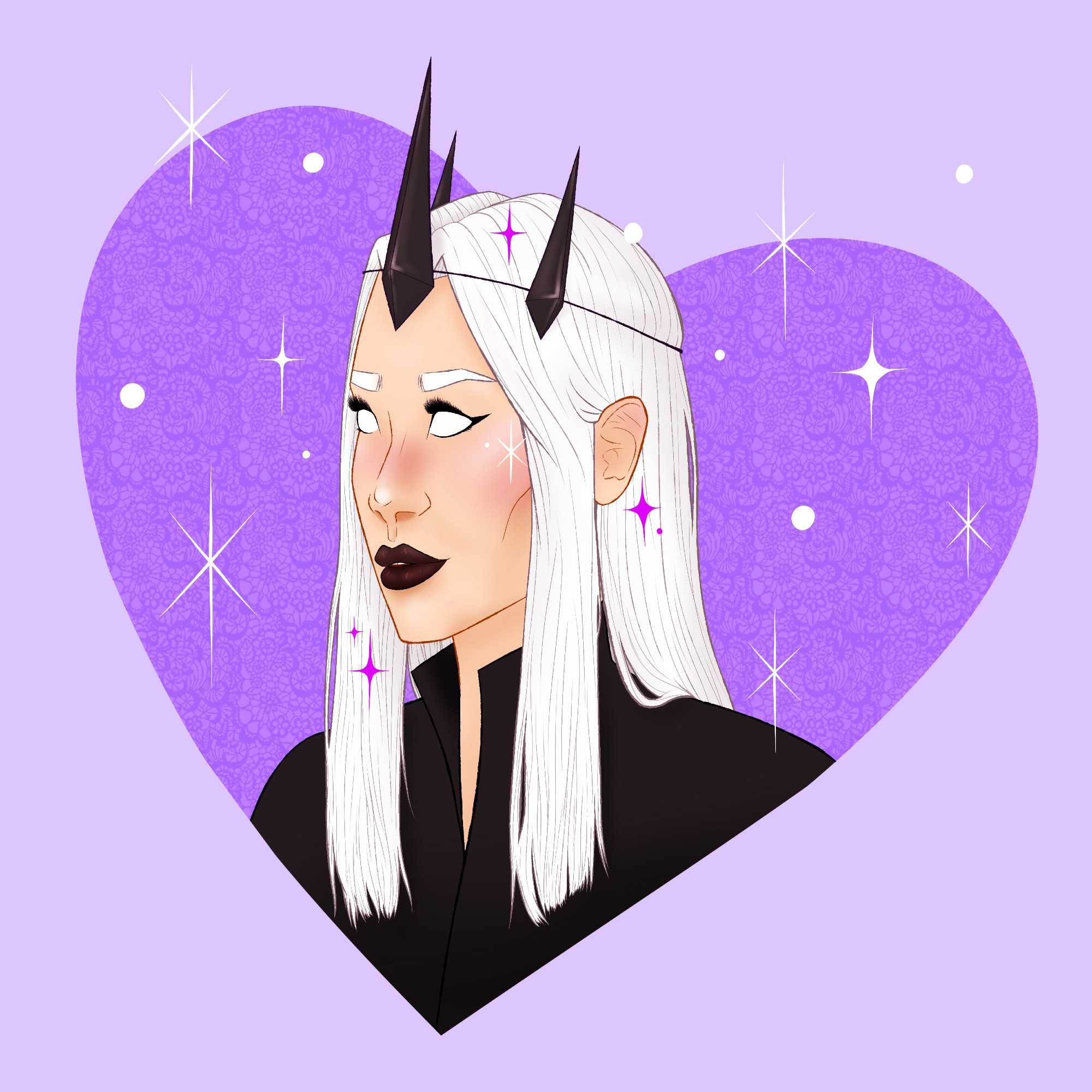 Bust of a woman with long white hair and blank white eyes. She's wearing black lipstick, a black spiked tiara, and a high-collared black dress. She's framed in a purple heart with sparkles around her.