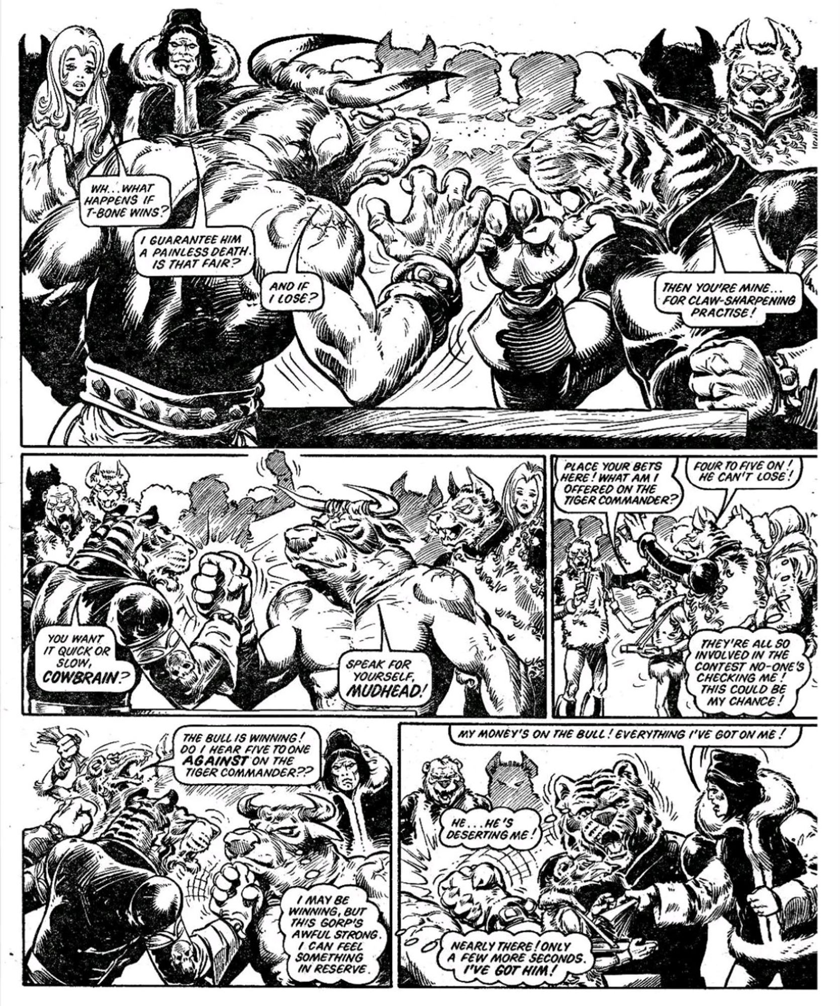 Page from 2000AD; artwork by Belardinelli of an arm wrestling match in Meltdown Man