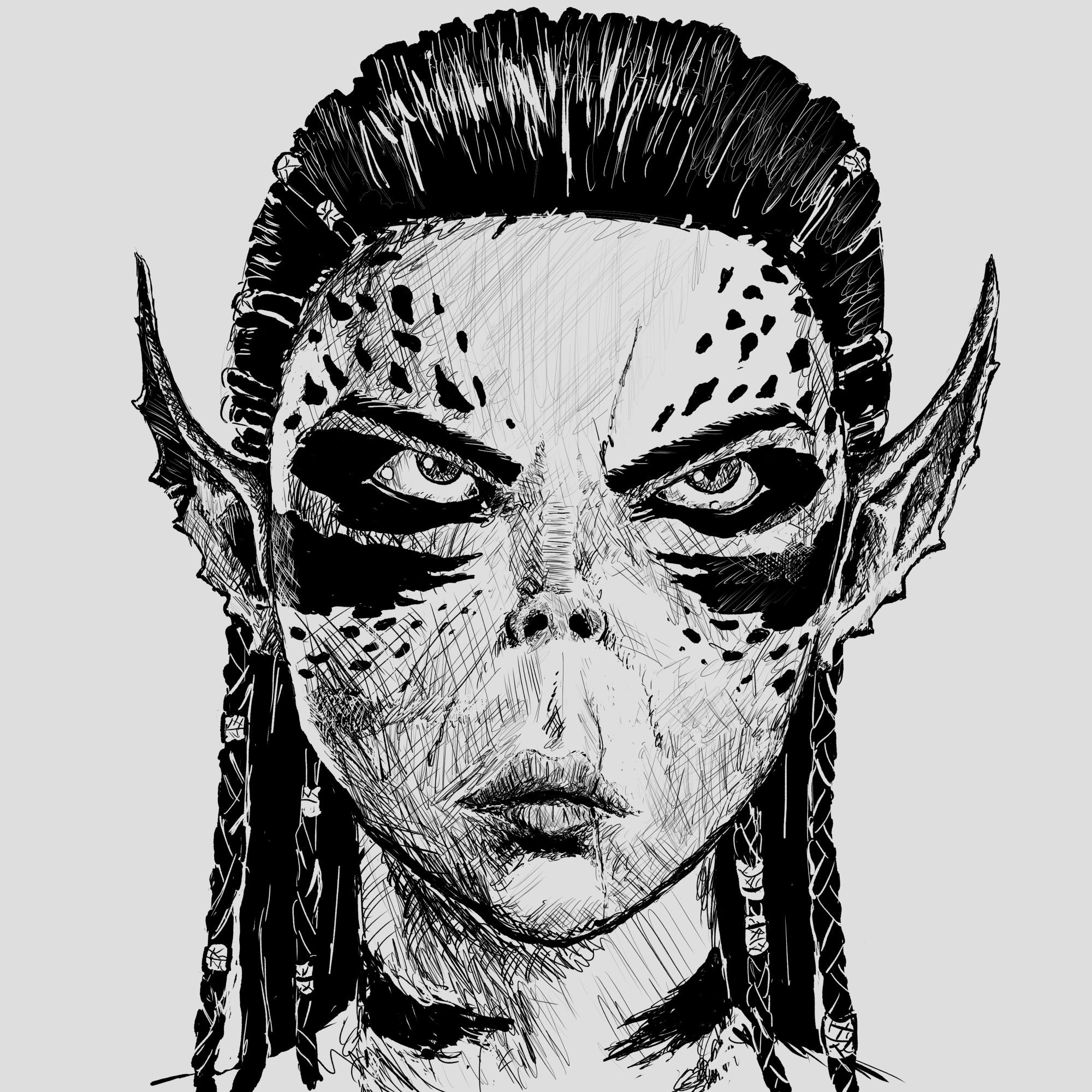 sketch-style portrait of lae'zel from baldur's gate 3