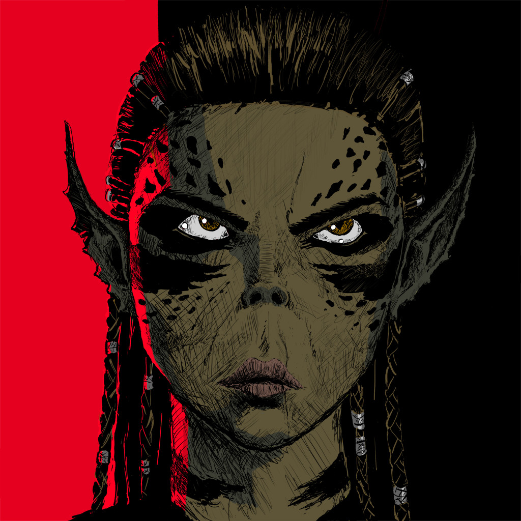 digital portrait of lae'zel from baldur's gate 3. she's staring murder eyes at the upper right of the frame.