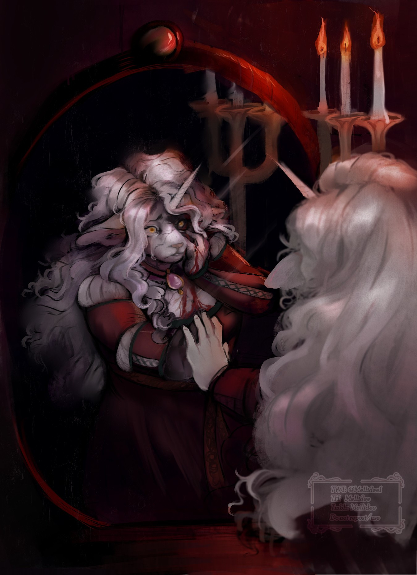 A feminine white unicorn in a dark red dress, standing in a dark room lit by a candelabra. She stares at reflection of herself in horror, one of her eyes black and blood staining her hand and chest as black veins spread across her face.